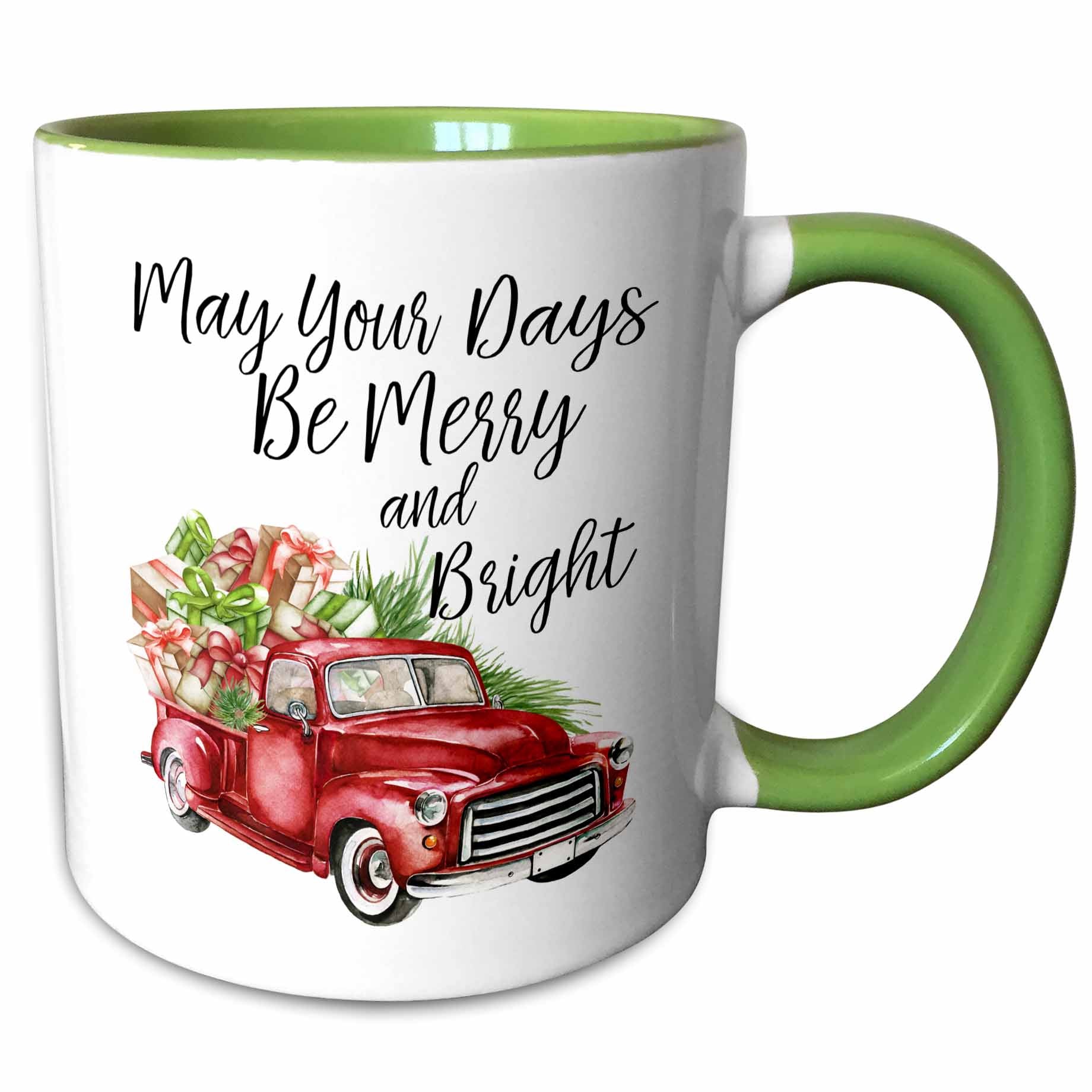 Two-tone green-handled Christmas mug with red truck and 'May your days be Merry and Bright'