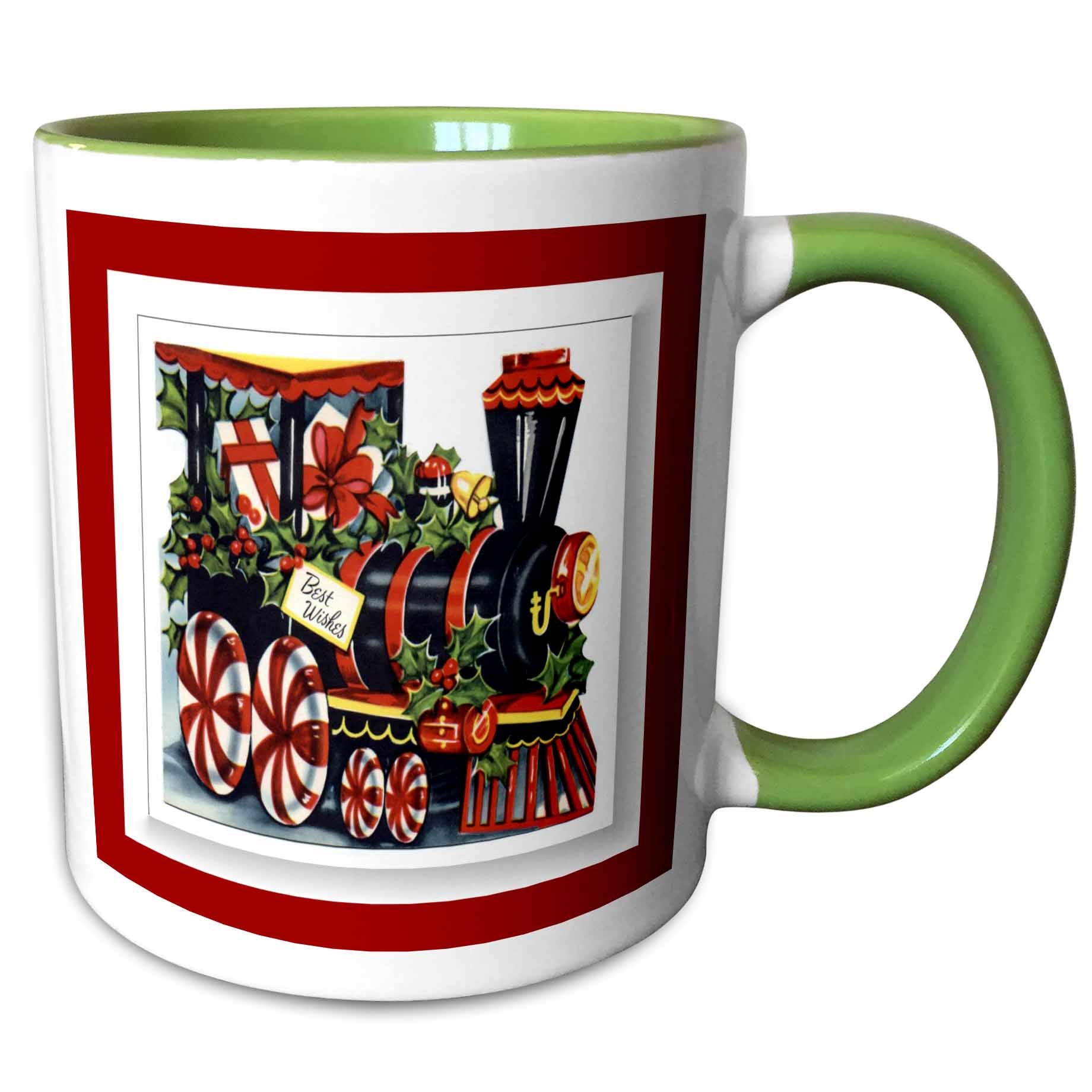 Green-handled Christmas train mug with white body and festive train illustration