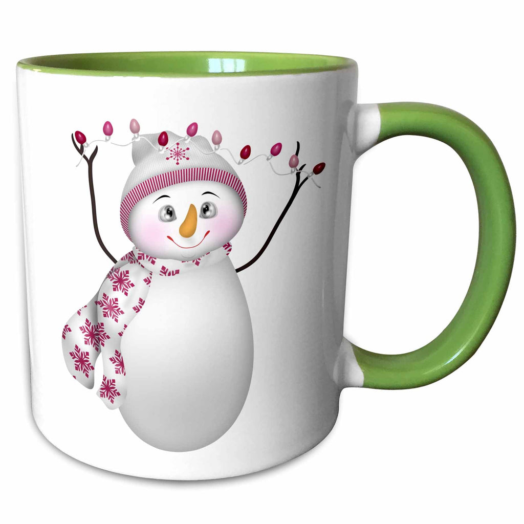 Green two-tone mug with cute snowman holding Christmas lights design