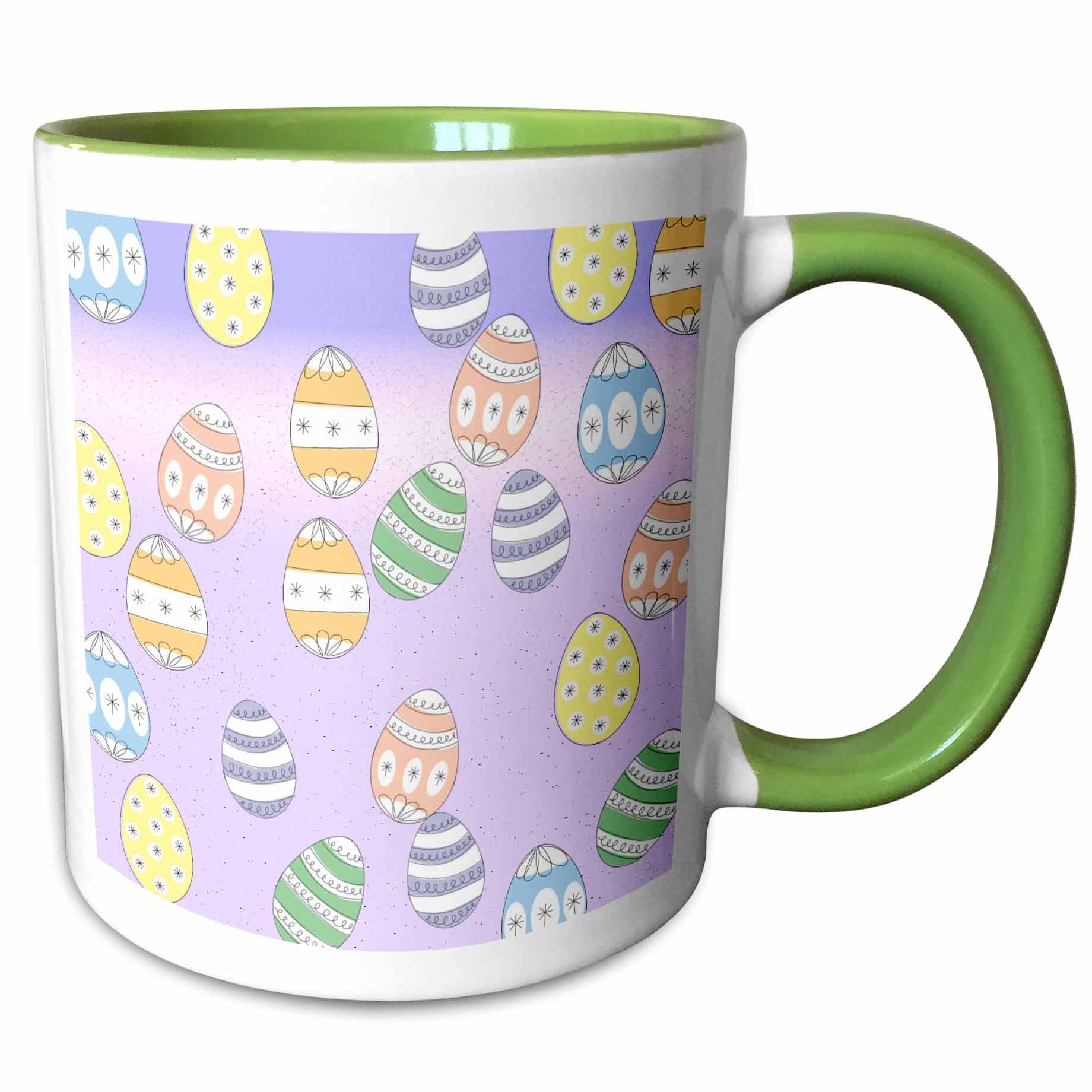 Easter egg pattern mug with green rim and handle, white body and purple background