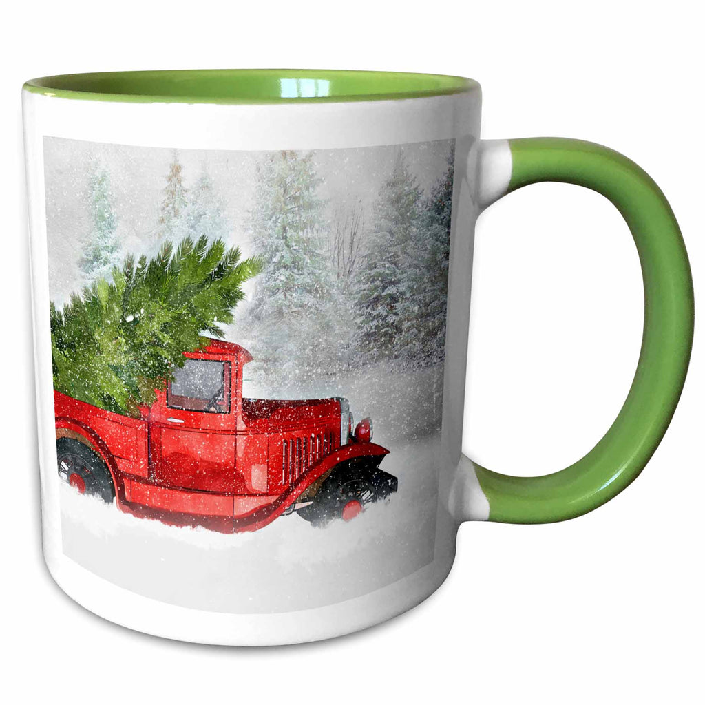 Ceramic mug with green interior and handle; red truck and evergreen in snowy scene