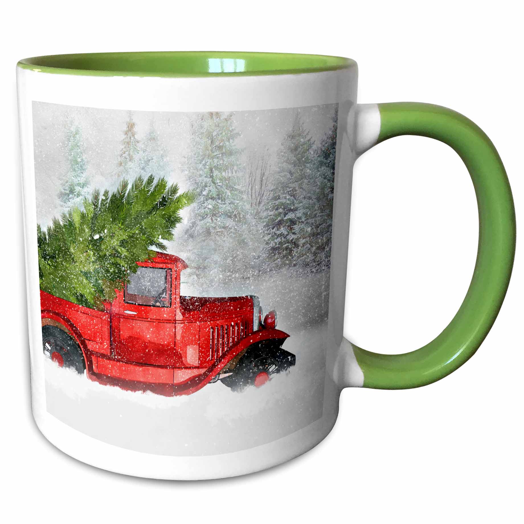 Ceramic mug with green interior and handle; red truck and evergreen in snowy scene