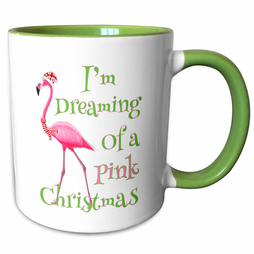 Two-tone green handle mug with pink flamingo and “I’m Dreaming of a Pink Christmas”