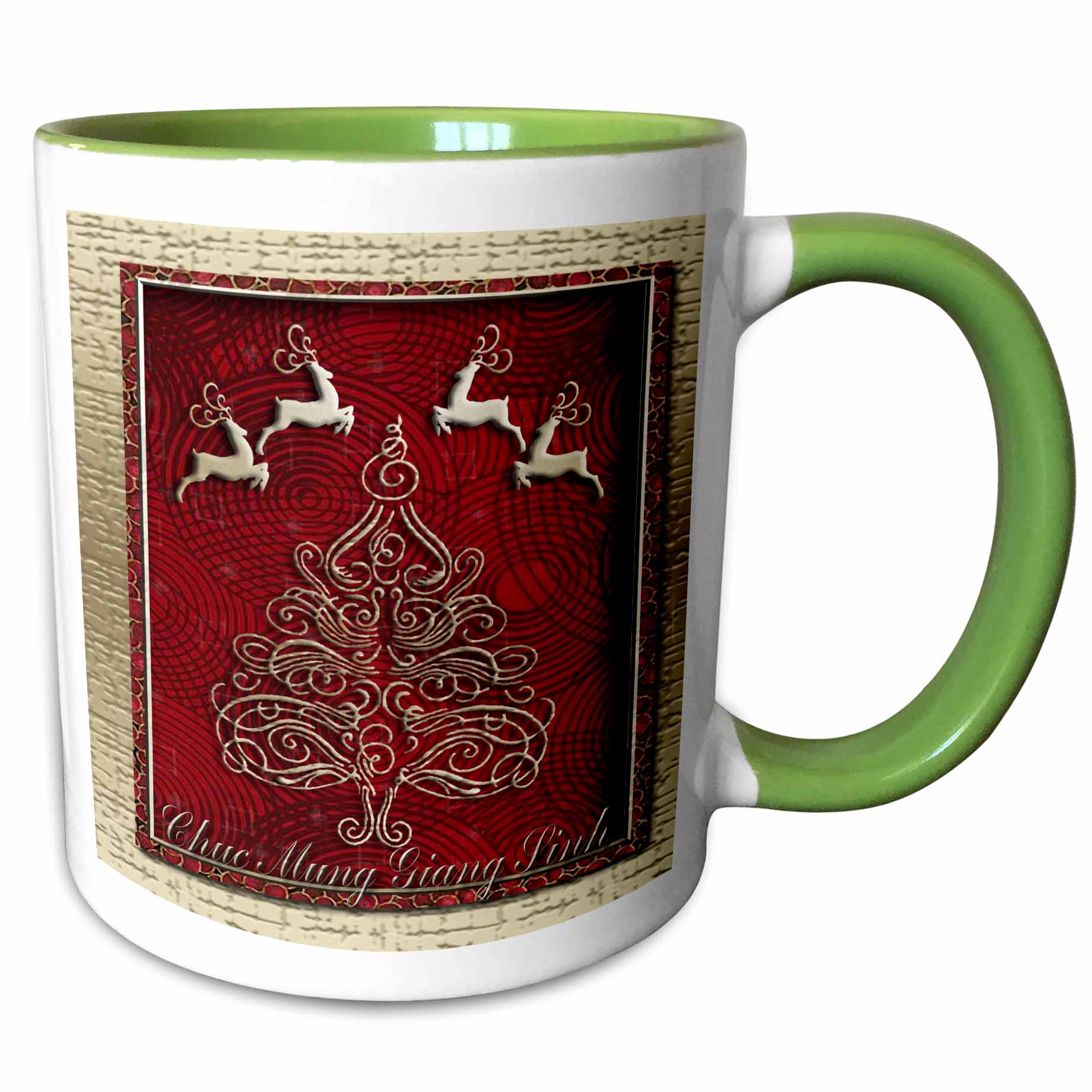 Two-tone green and white mug with red reindeer Christmas design, front view