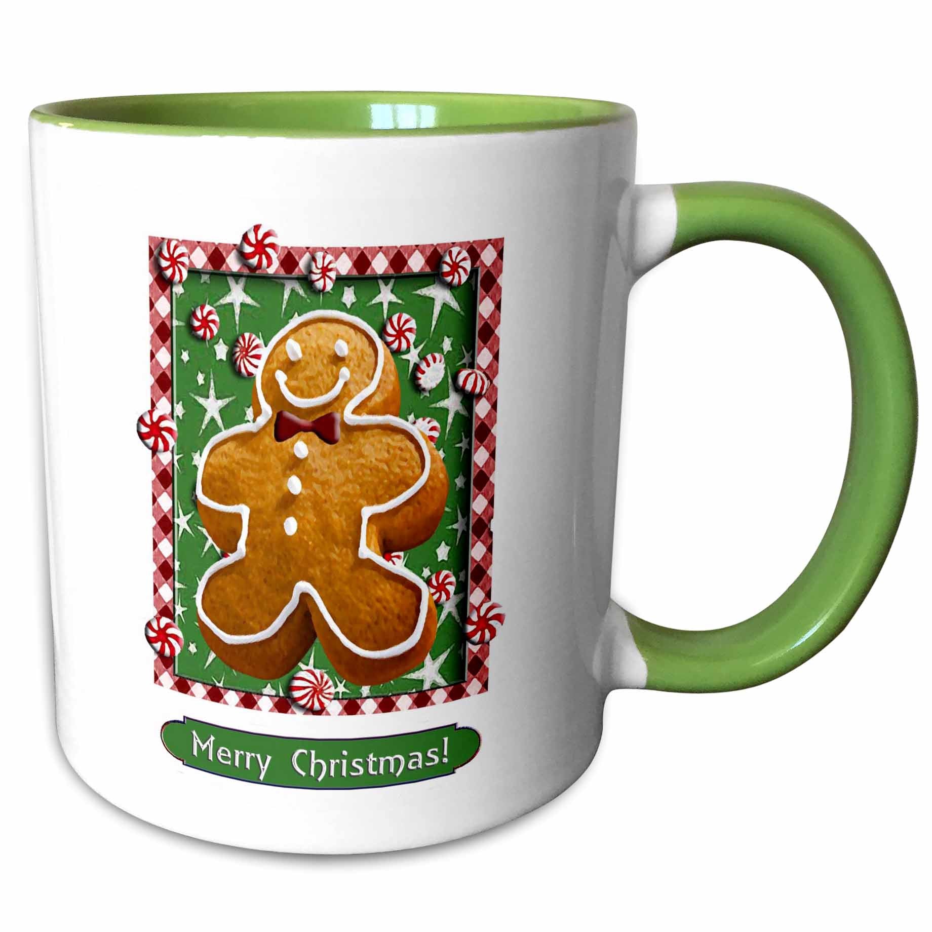 Christmas gingerbread boy mug with green background, green rim and handle, “Merry Christmas!”