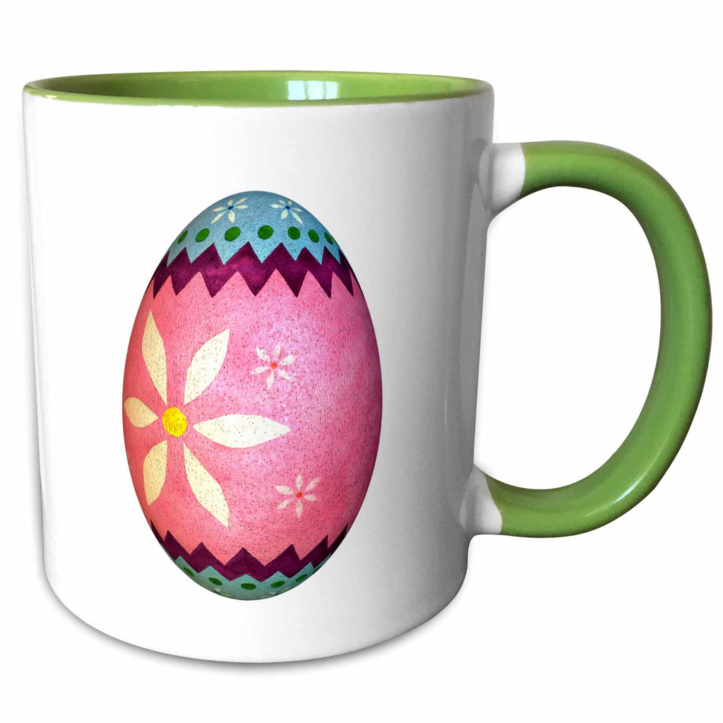 Two-tone green handle mug with pink Easter egg graphic and white body