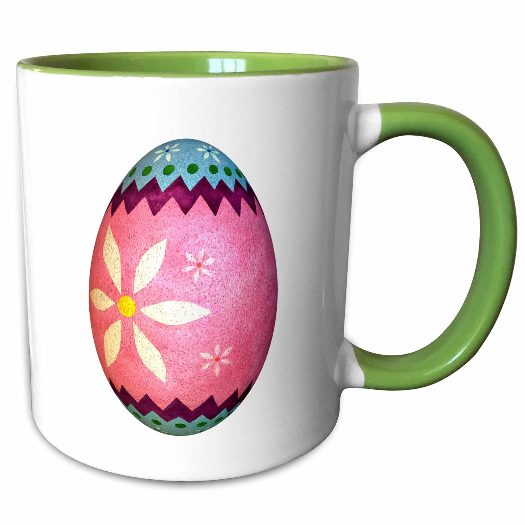 White mug with green rim/handle; pink Easter egg floral graphic