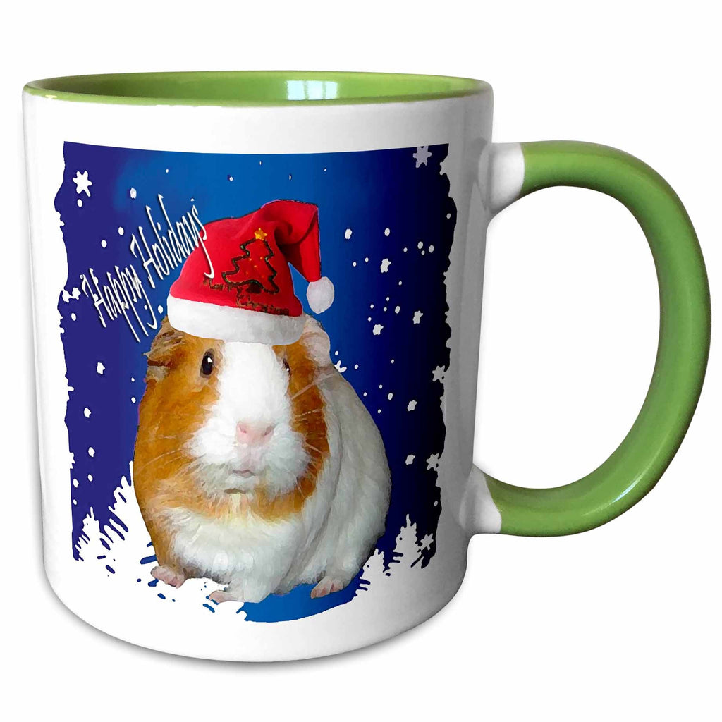 Christmas guinea pig mug with red Santa hat on blue-and-white design, green rim and handle