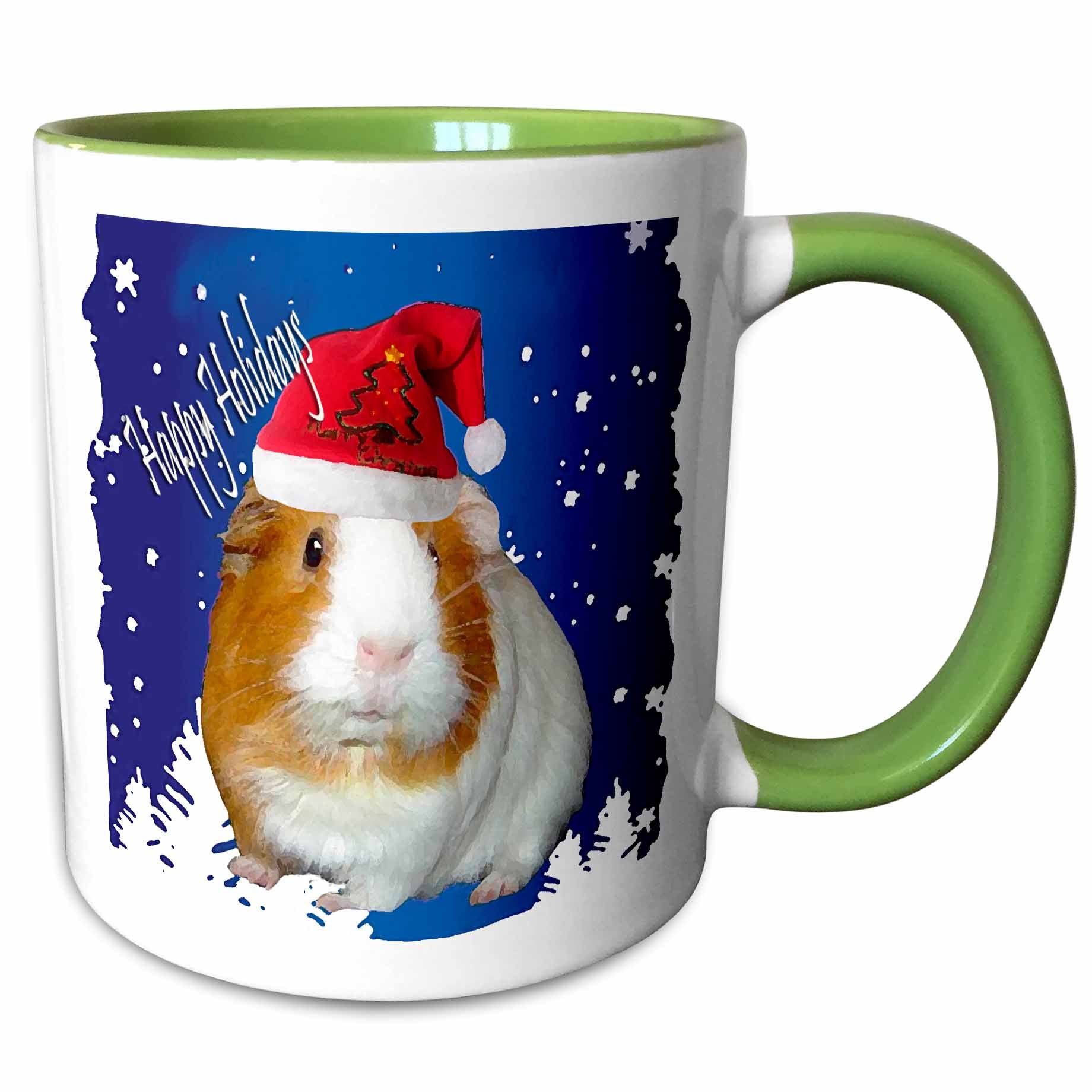 Two-tone green and white mug with guinea pig wearing red Santa hat on blue background
