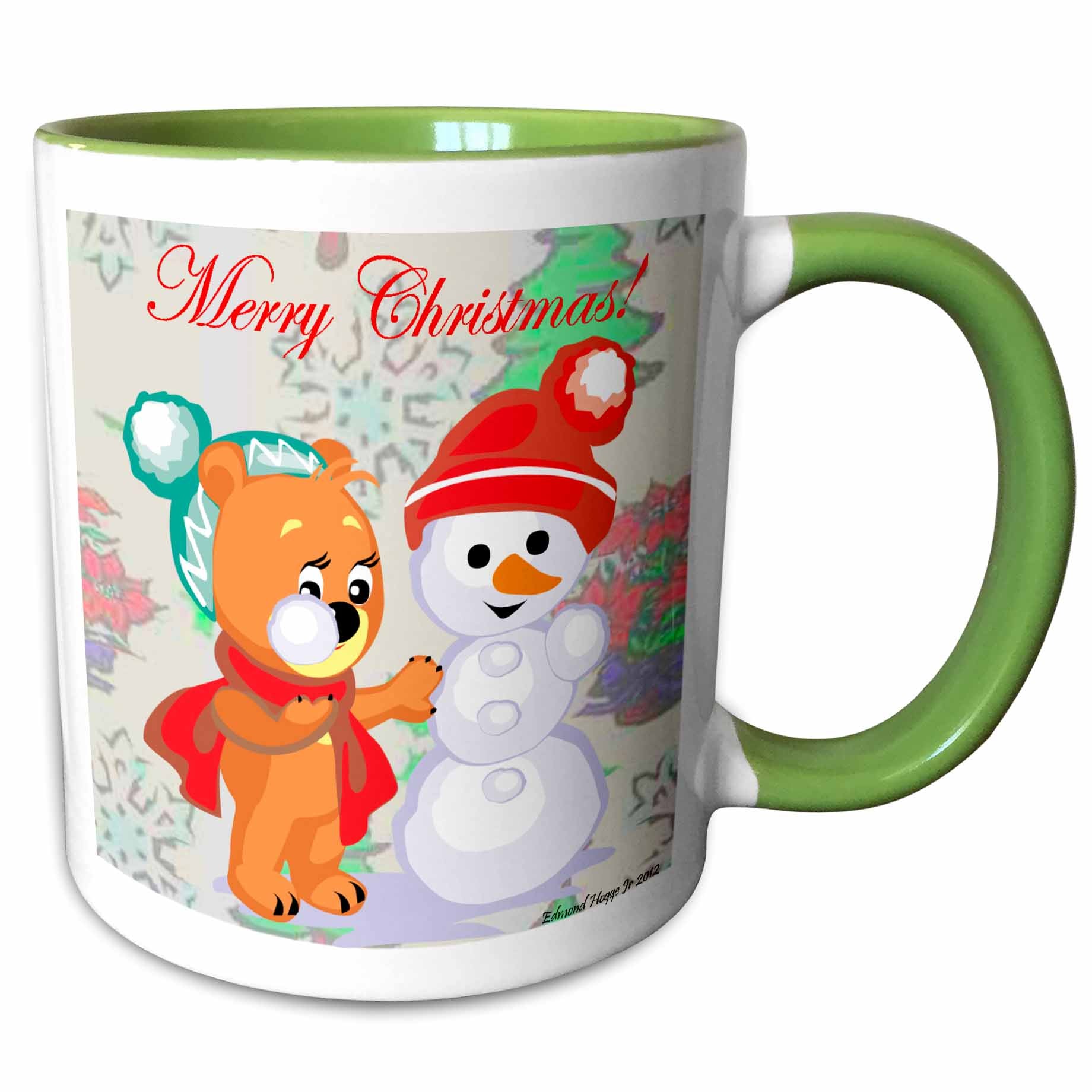 Green and white ceramic mug with bear and snowman artwork and 'Merry Christmas!' text
