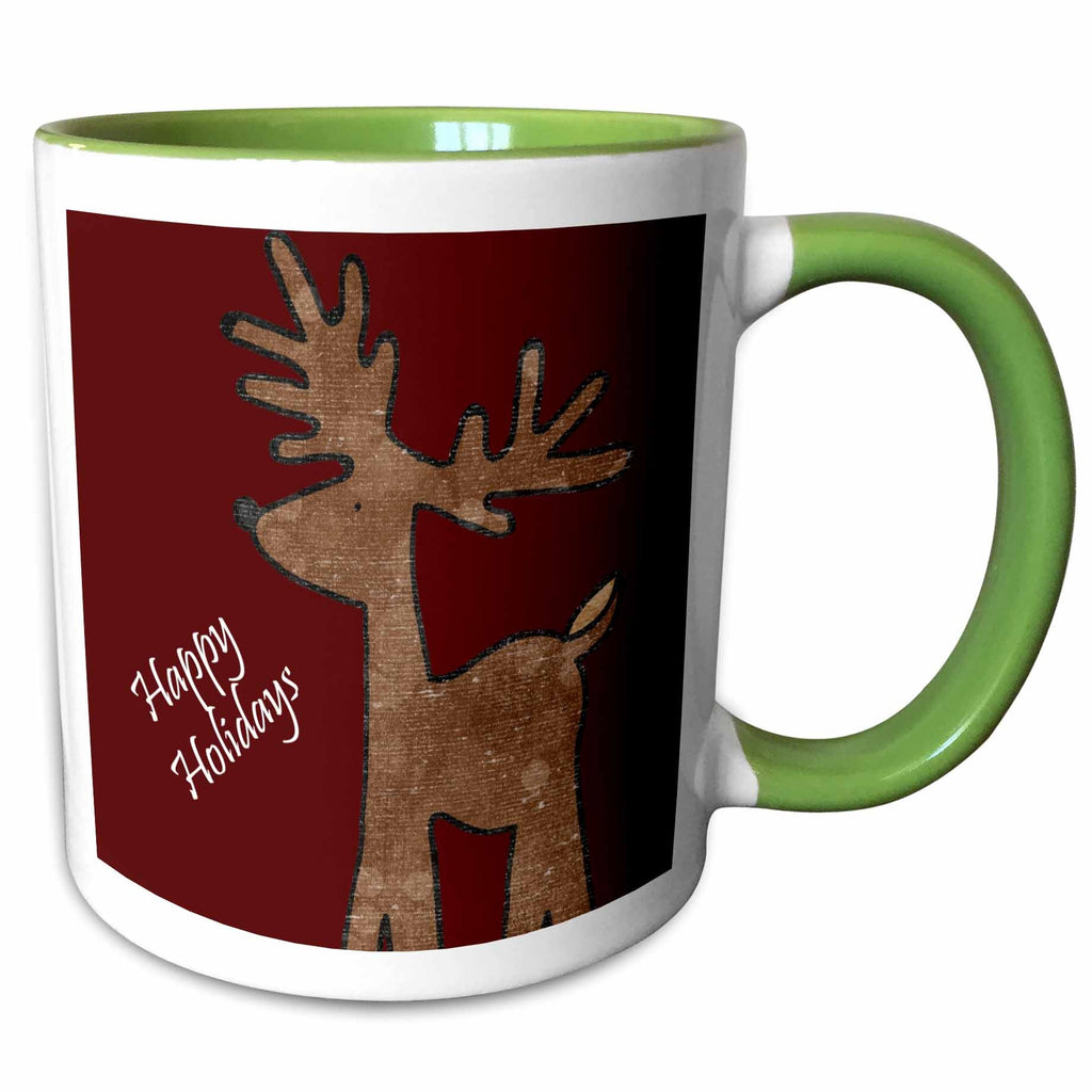 Two-tone Christmas mug with green interior and handle, reindeer and “Happy Holidays” art