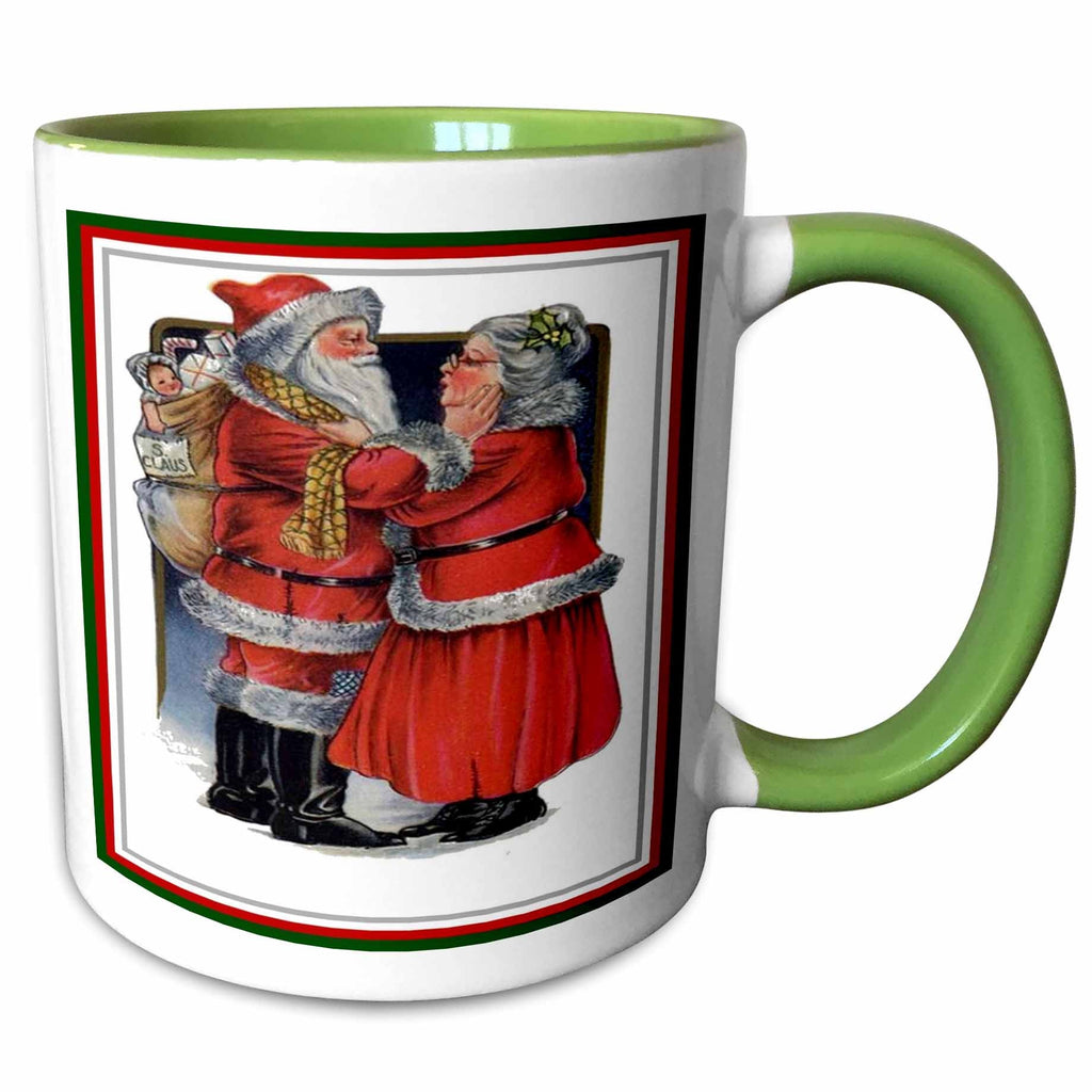 Two-tone green coffee mug with vintage-style Santa couple greeting and holding gift