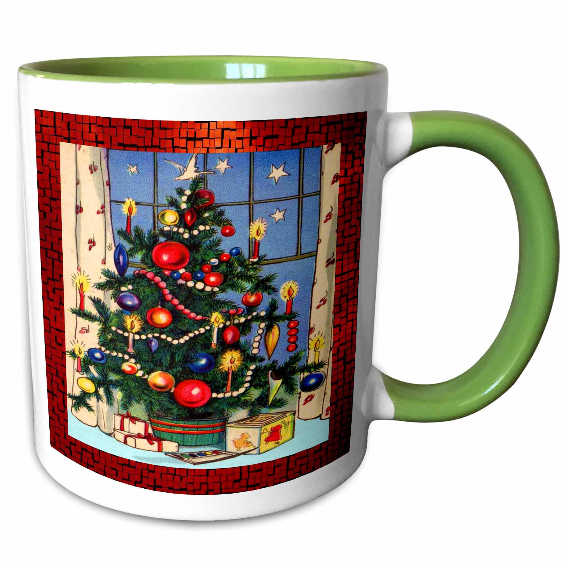 Two-tone green mug with vintage Christmas tree scene and hanging holiday ornaments