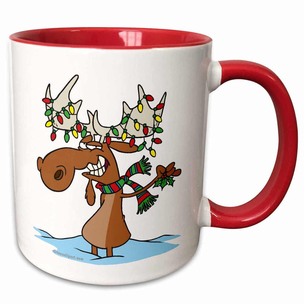 Red two-tone mug with cartoon moose holding Christmas lights and candy cane