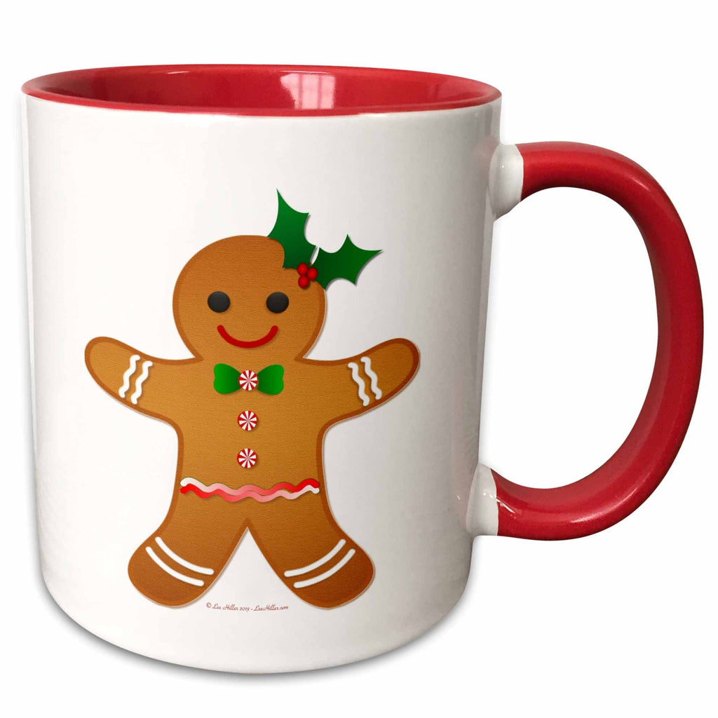 Christmas gingerbread man mug with red handle, holly bow detail