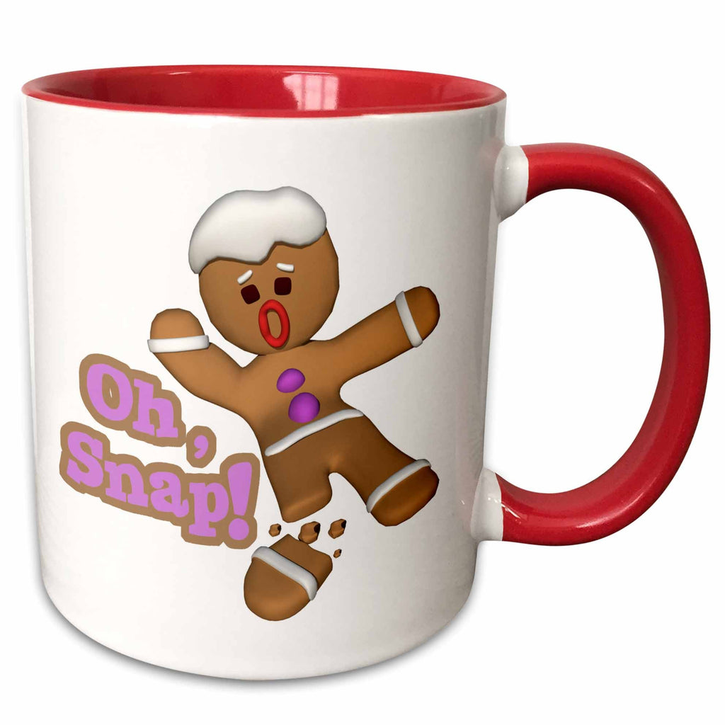 Two-tone red handled mug with gingerbread character and “Oh Snap!” text