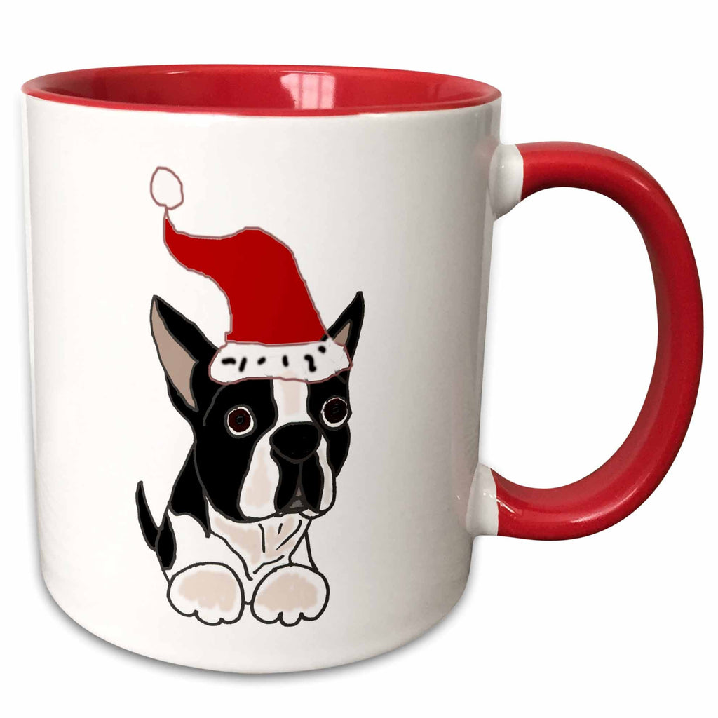 Two-tone red handle mug with Boston terrier in red Santa hat graphic