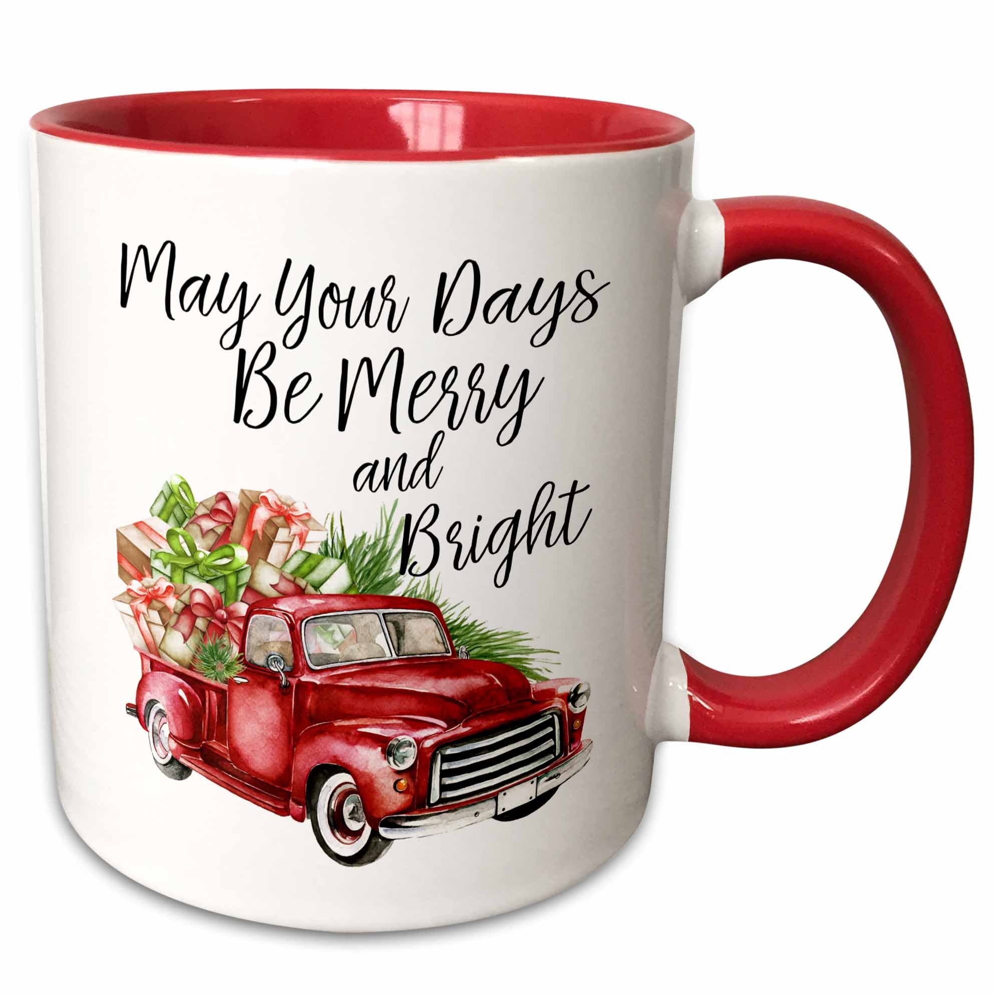 Two-tone red-handled Christmas mug with red truck and 'May your days be Merry and Bright'