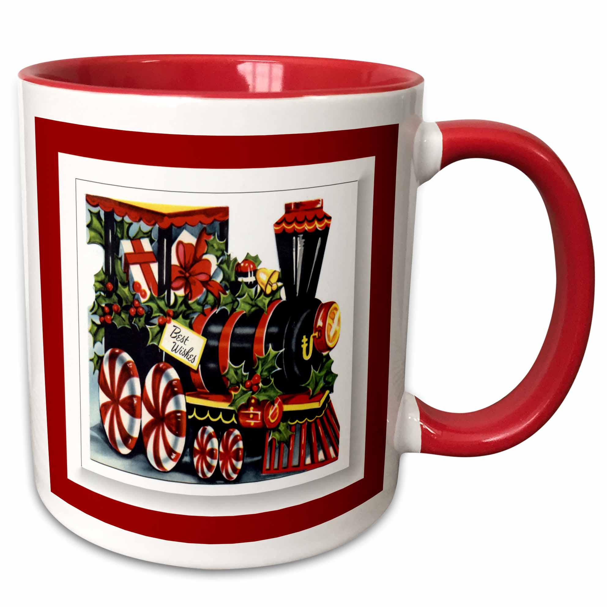 Red-handled Christmas train mug with white body and festive train illustration