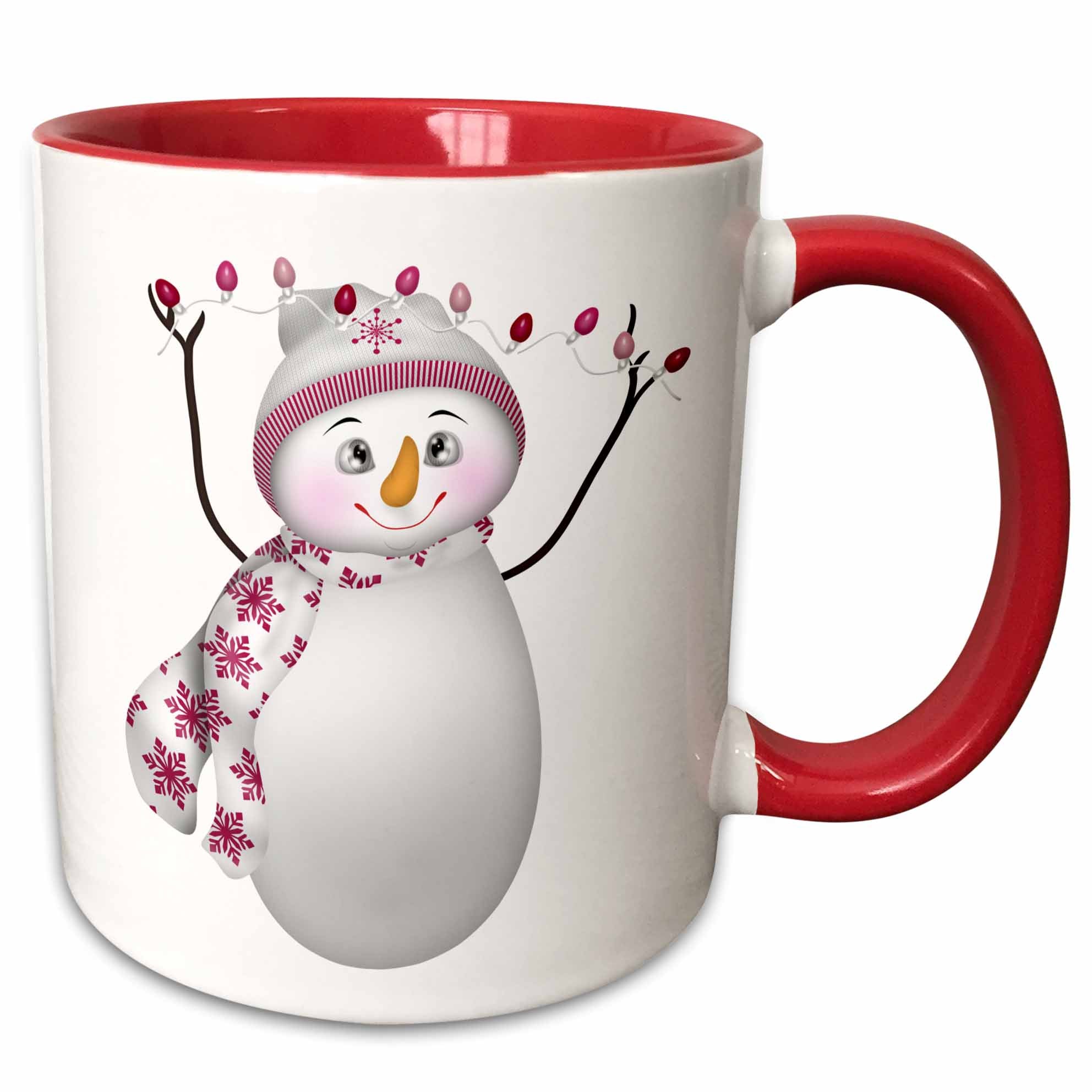 Red-and-white ceramic mug with smiling snowman holding pink bulb lights