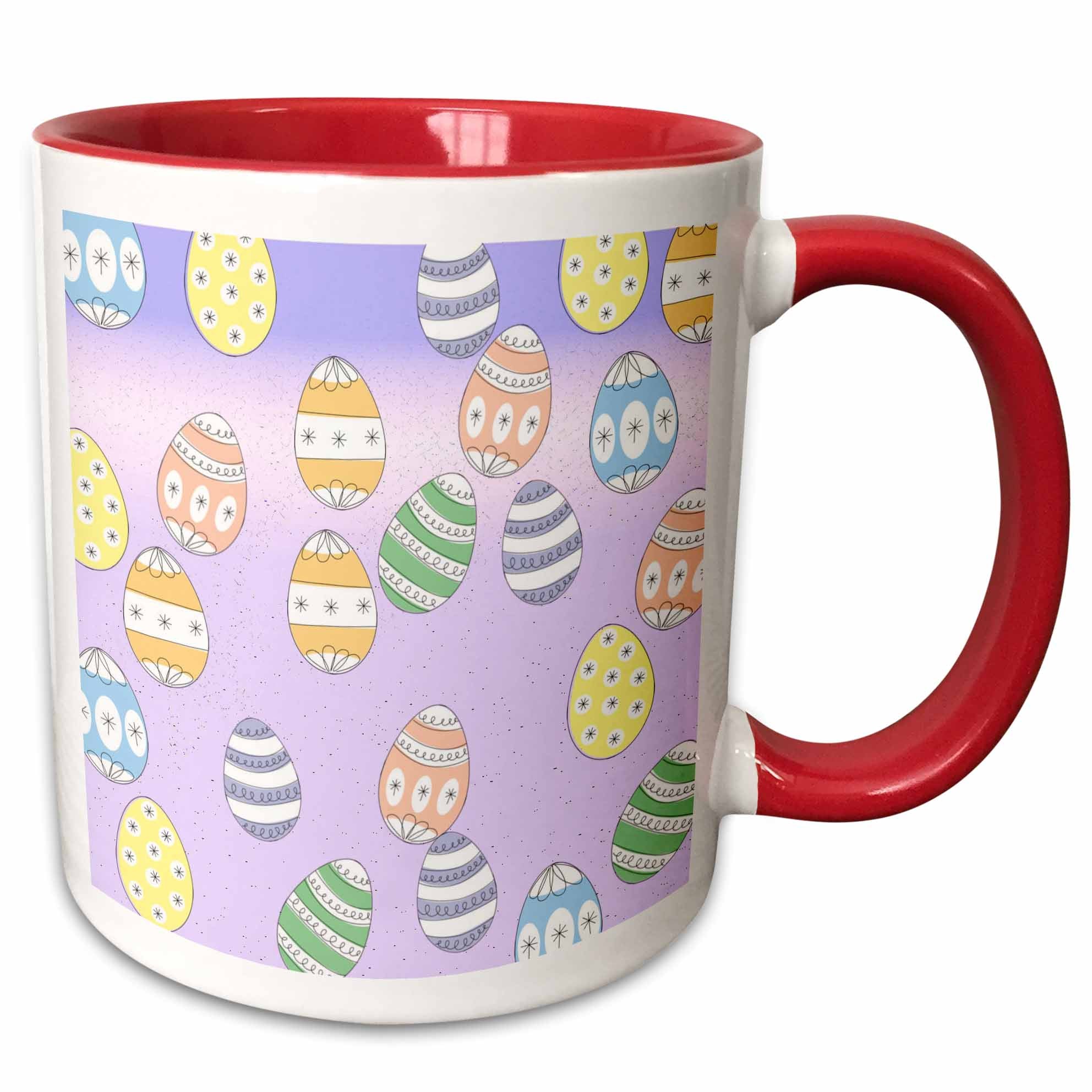 Easter egg pattern mug with red rim and handle, white body and purple background