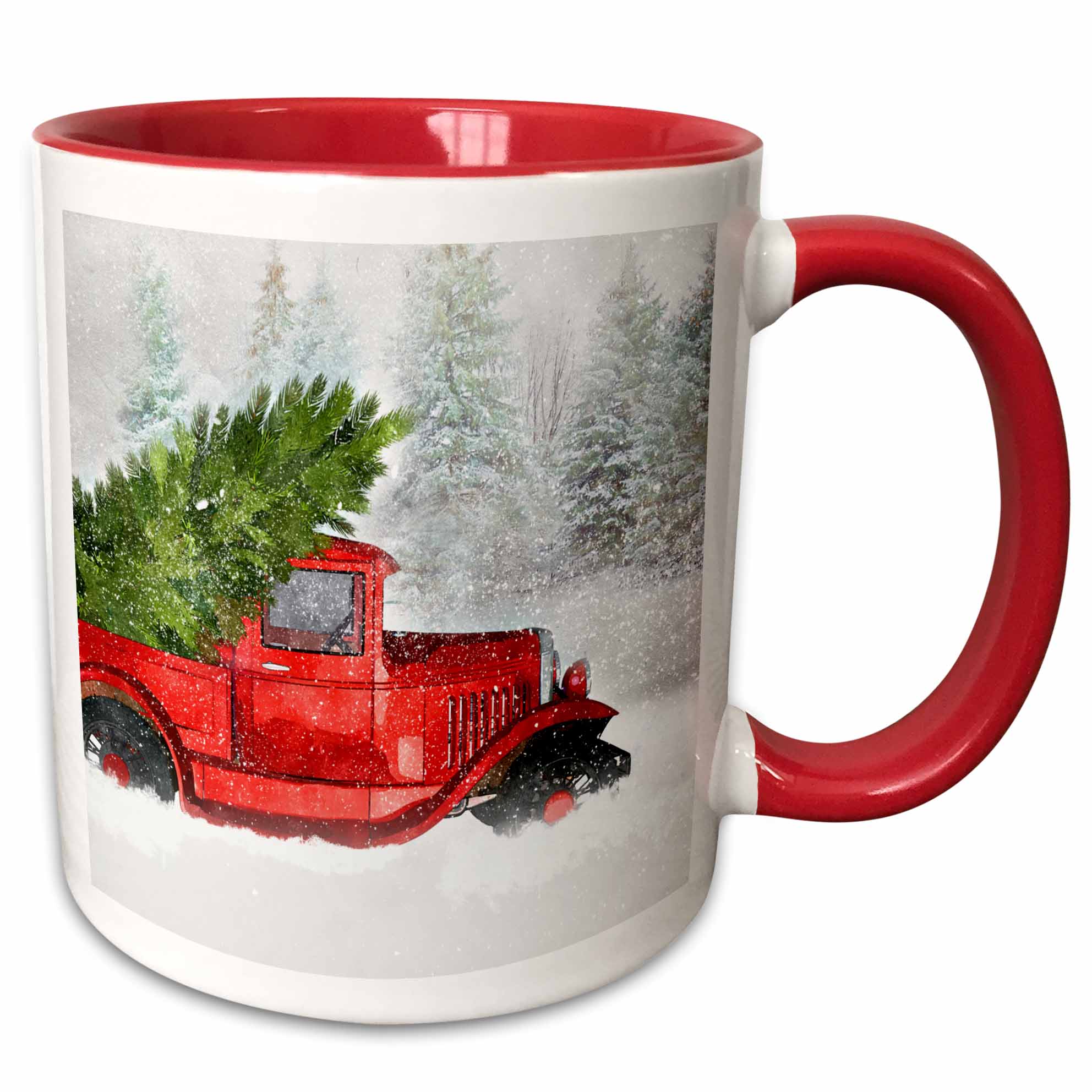 Red-rim mug with vintage truck and Christmas tree in snowy forest artwork