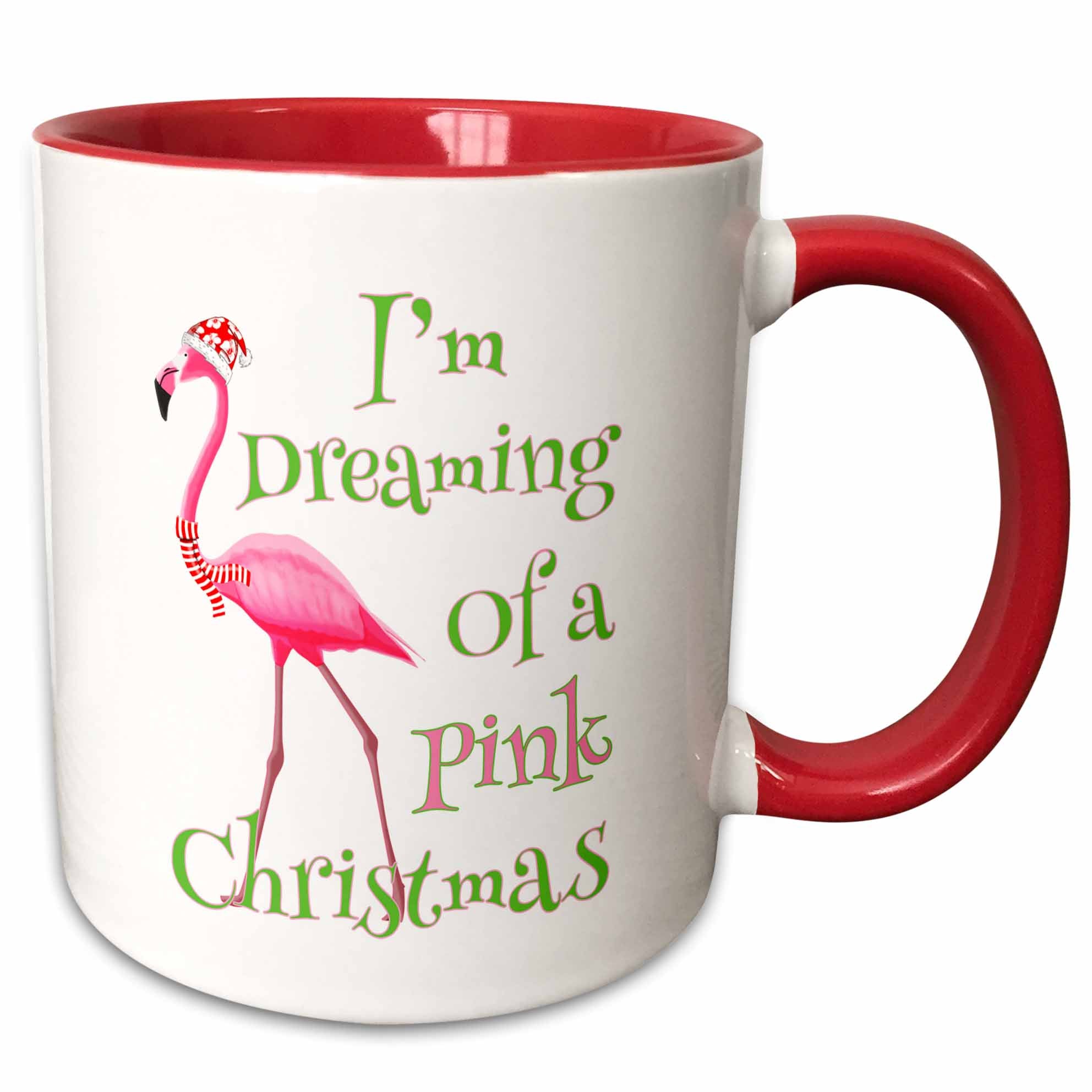 Two-tone red handle mug with pink flamingo and “I’m Dreaming of a Pink Christmas”
