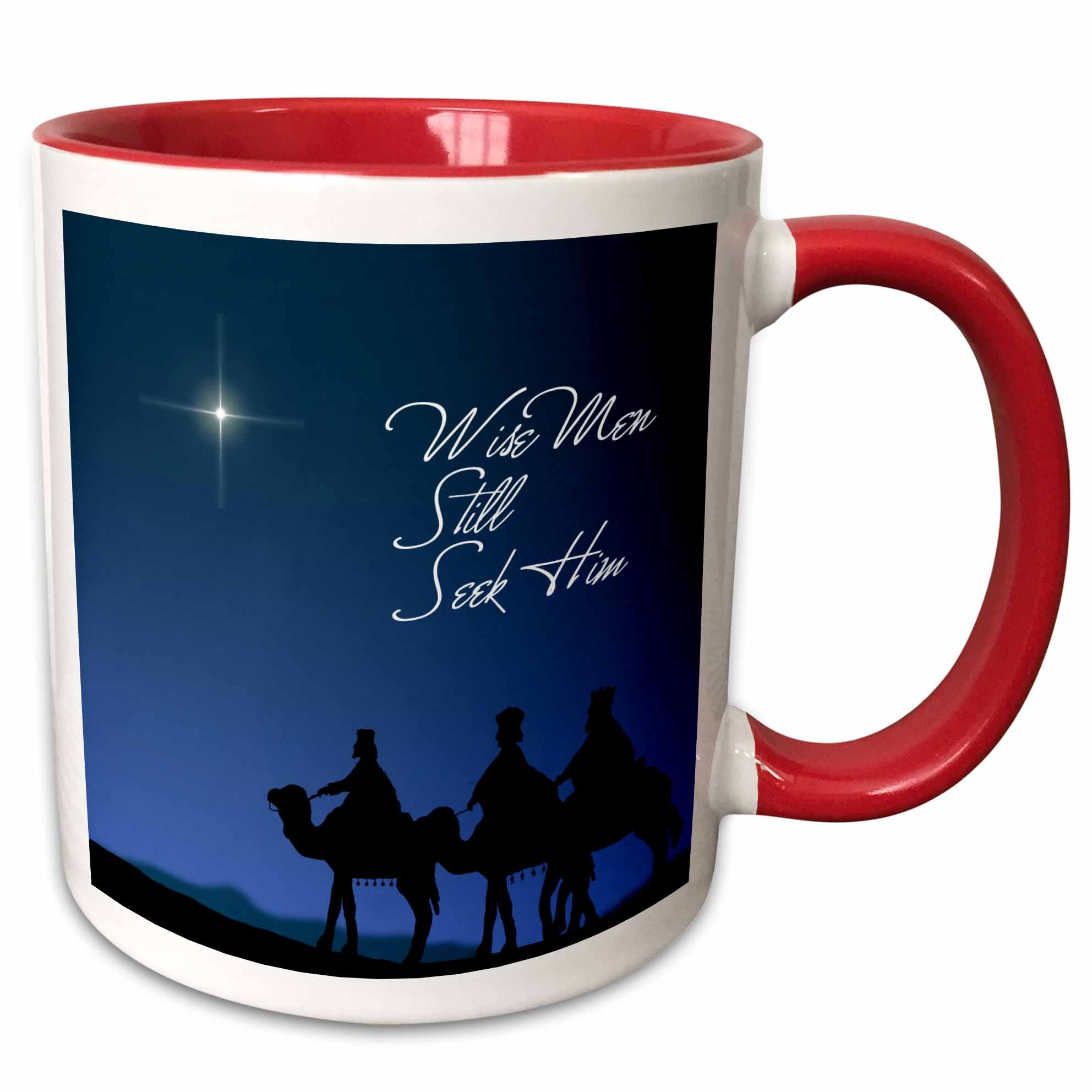 Red-and-white two-tone mug with blue nativity scene and “Wise Men Still Seek Him”
