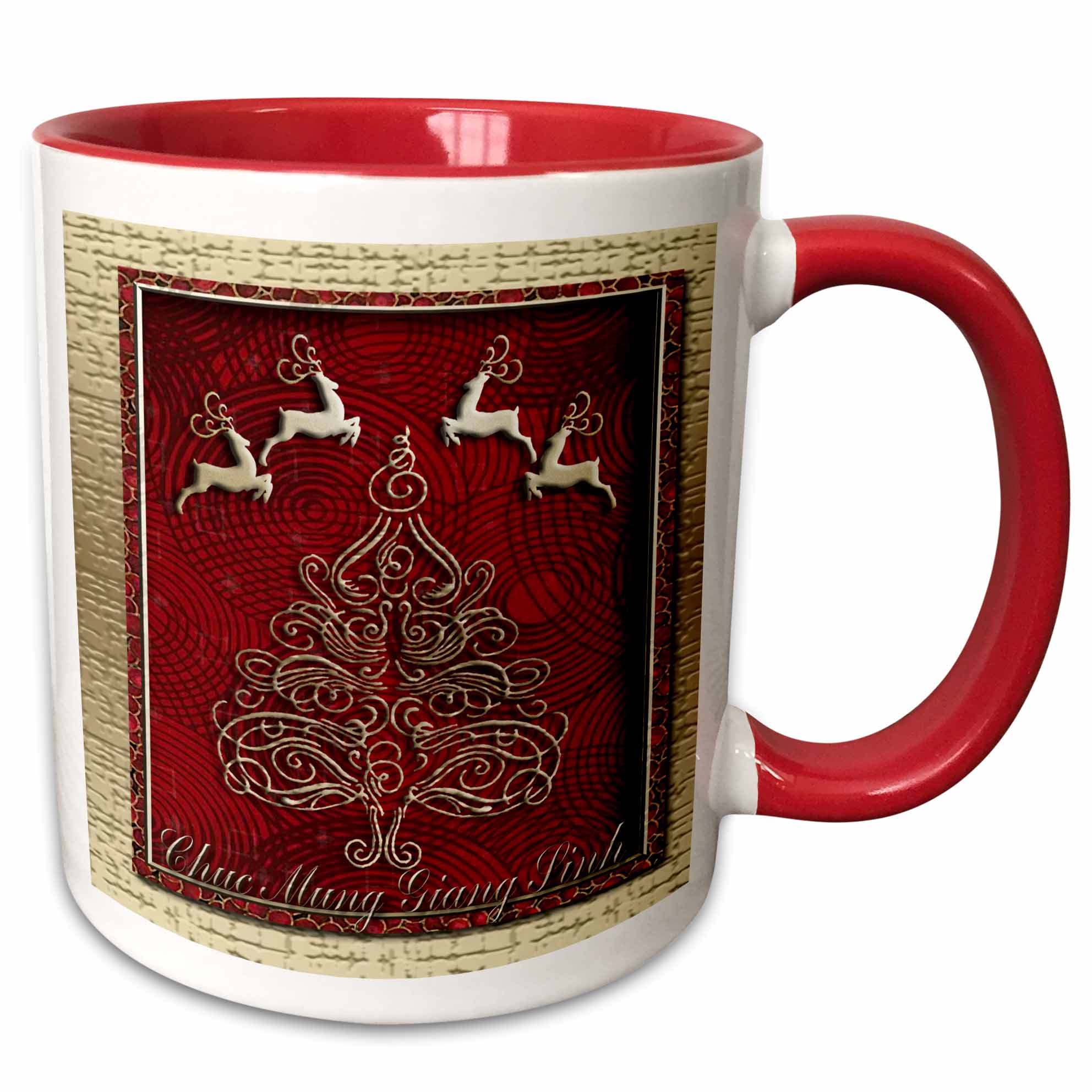 Two-tone red and white mug with red reindeer Christmas design, front view