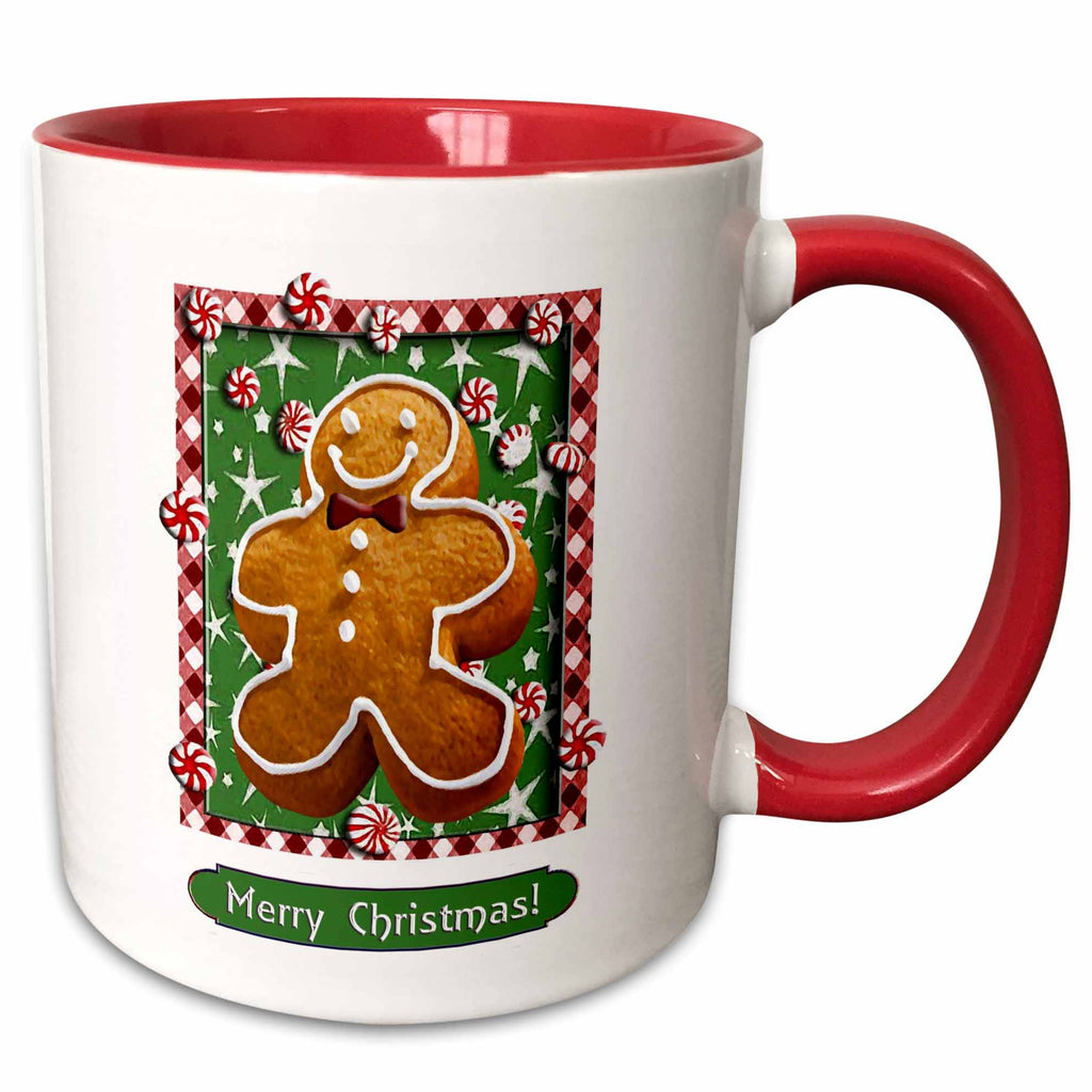 Christmas gingerbread boy mug with green background, red rim and handle, “Merry Christmas!”