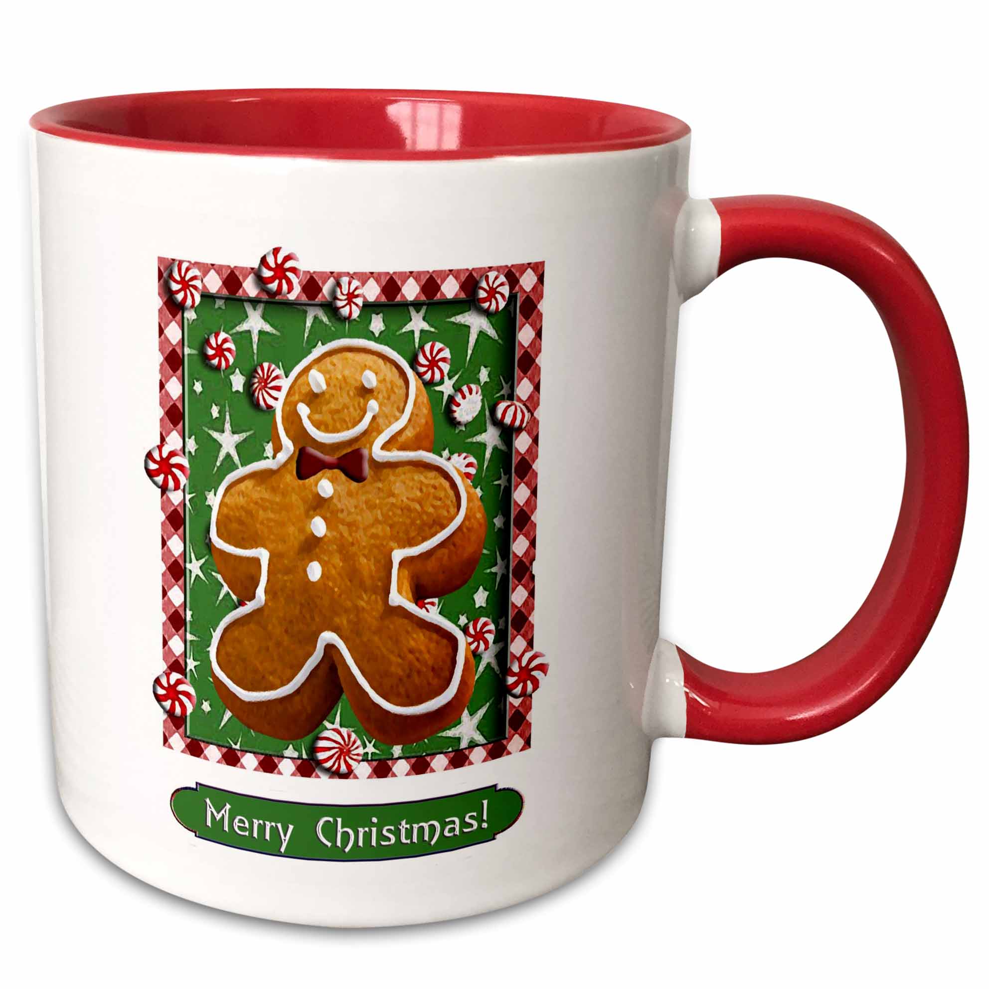 Christmas gingerbread boy mug with green background, red rim and handle, “Merry Christmas!”