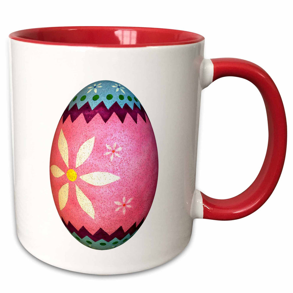 Two-tone red handle mug with pink Easter egg graphic and white body