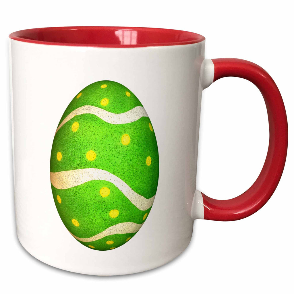Two-tone red interior and handle mug with green Easter egg graphic