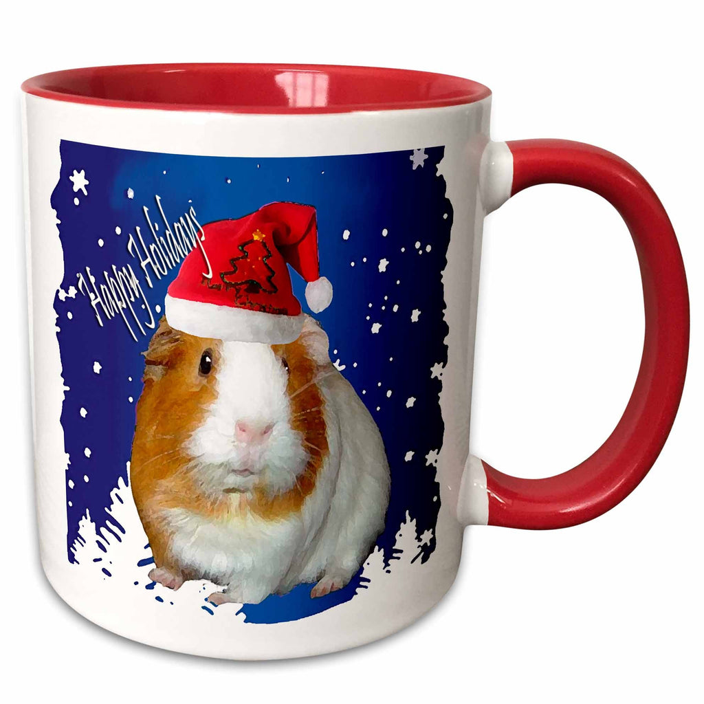 Christmas guinea pig mug with red Santa hat on blue-and-white design, red rim and handle