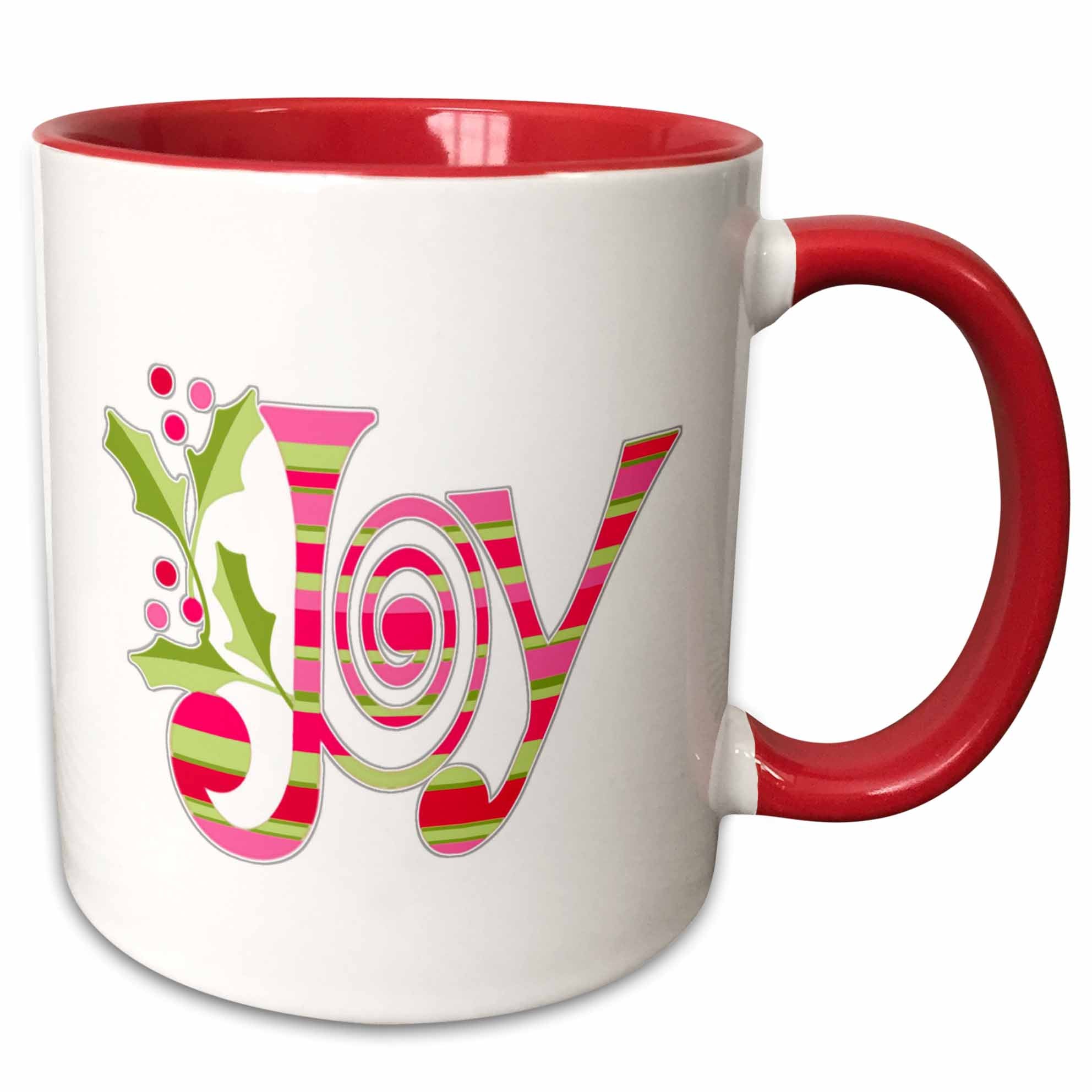 Two-tone ceramic mug with red interior and handle, featuring pink-and-green “Joy” design