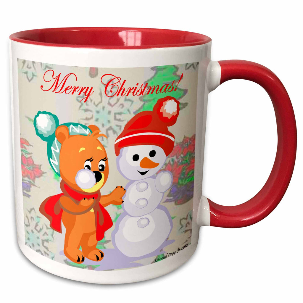 Red and white Christmas mug with cute bear and snowman, Merry Christmas! design