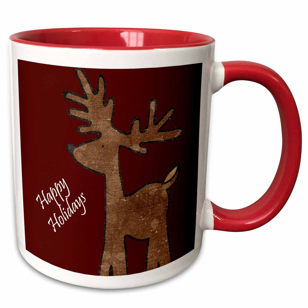Two-tone red ceramic mug with reindeer graphic and “Happy Holidays”