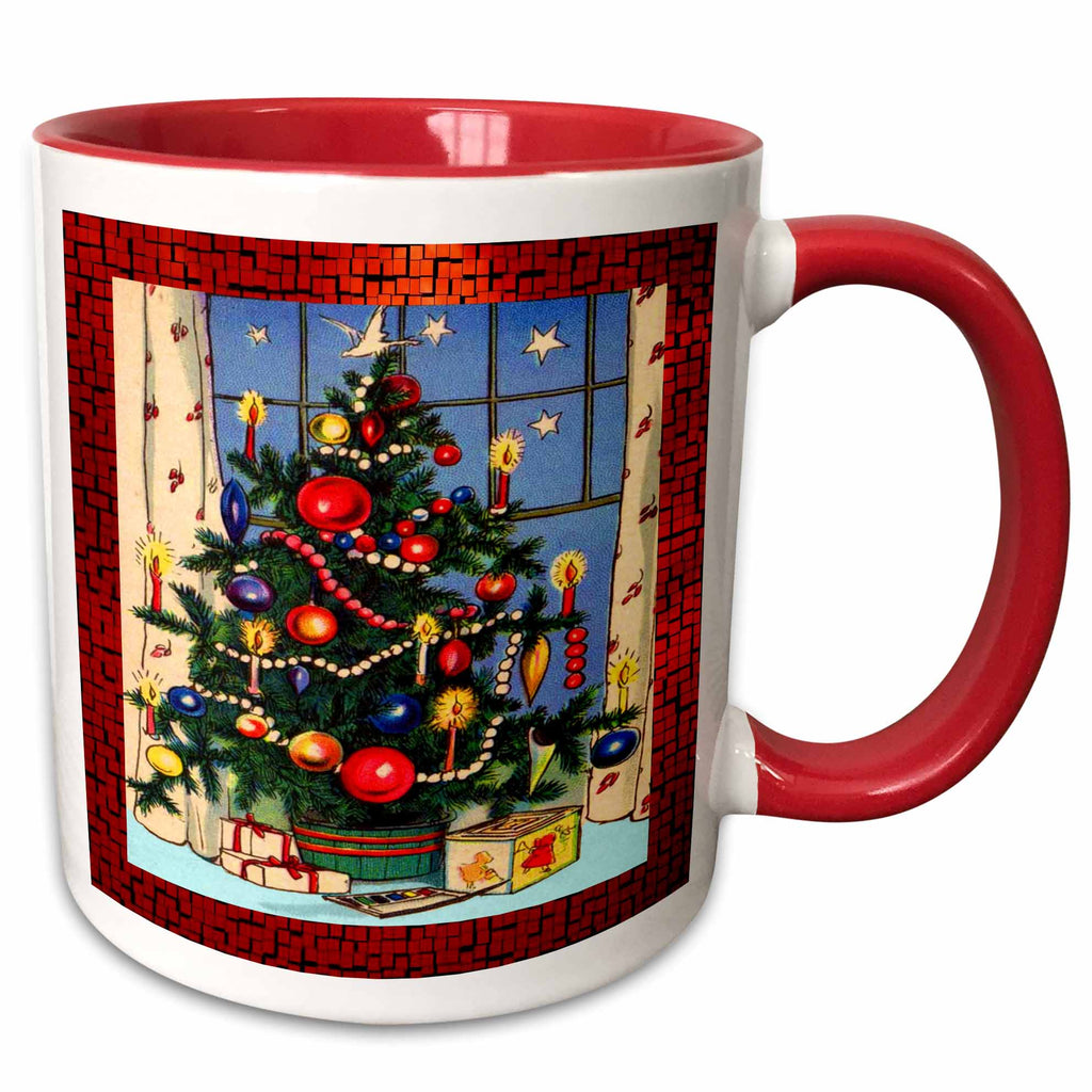 Red two-tone Christmas mug with vintage tree ornament scene on front