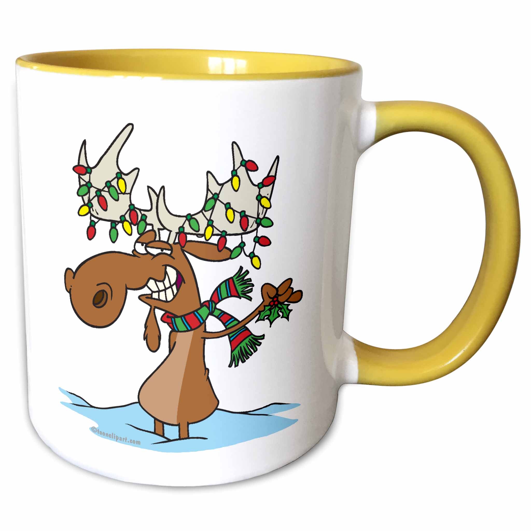 Yellow two-tone mug with cartoon moose holding Christmas lights and candy cane