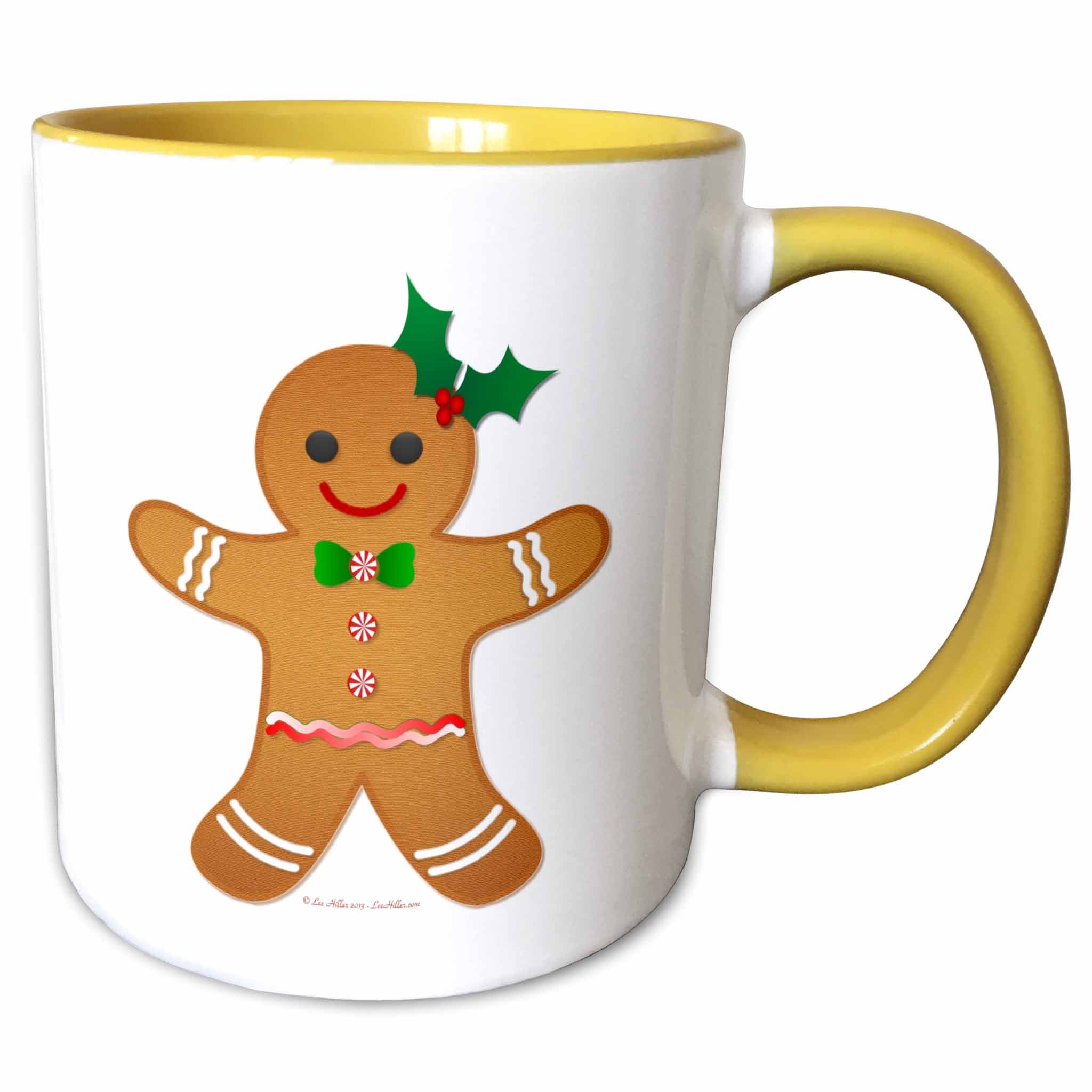 Christmas gingerbread man mug with yellow handle, holly bow detail
