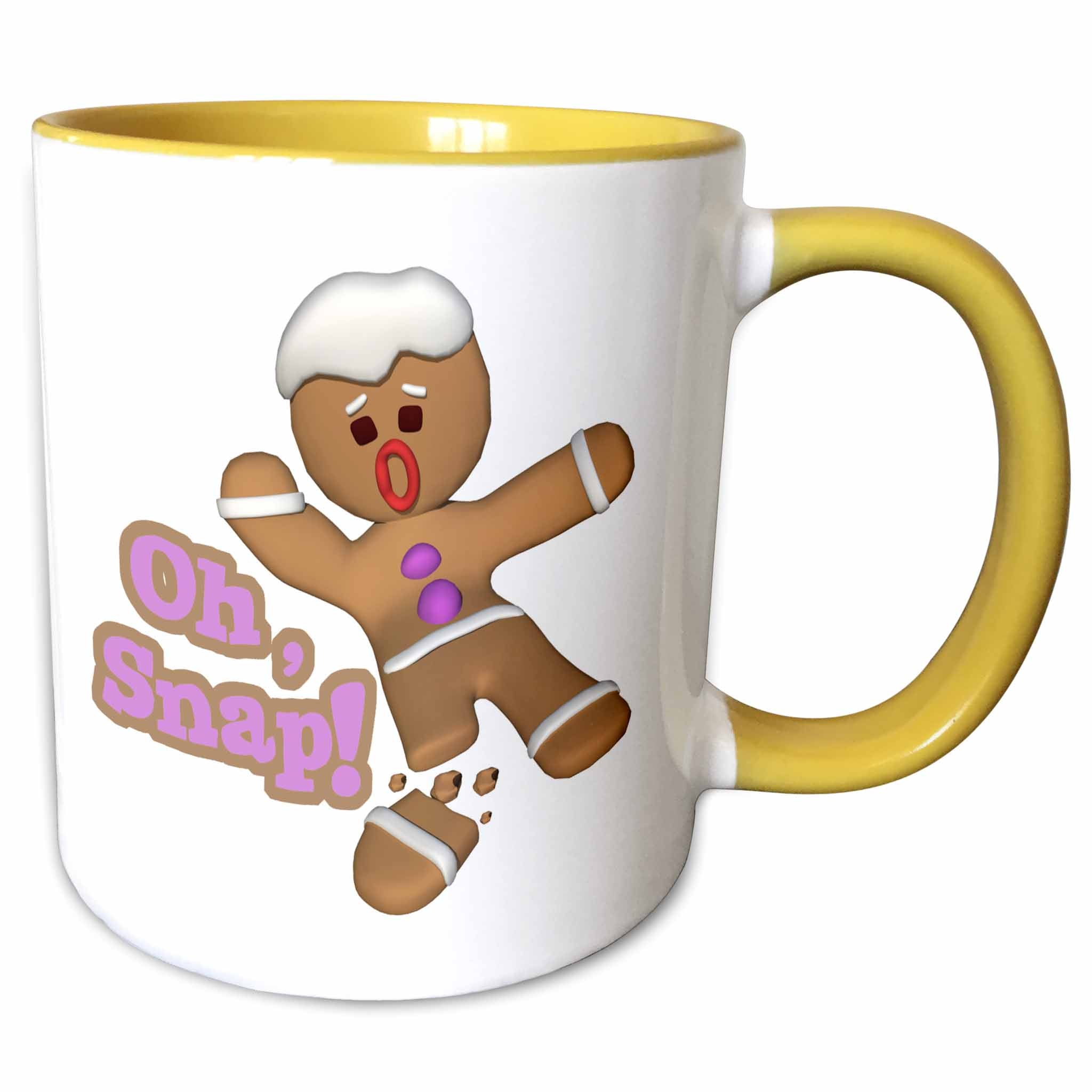 Two-tone yellow handled mug with gingerbread character and “Oh Snap!” text