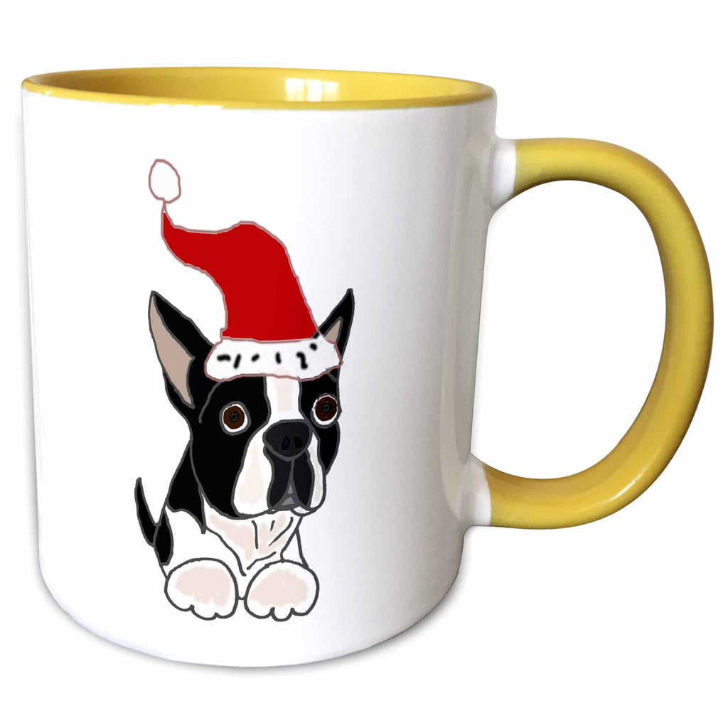 Two-tone mug with Boston Terrier wearing a red Santa hat and yellow handle
