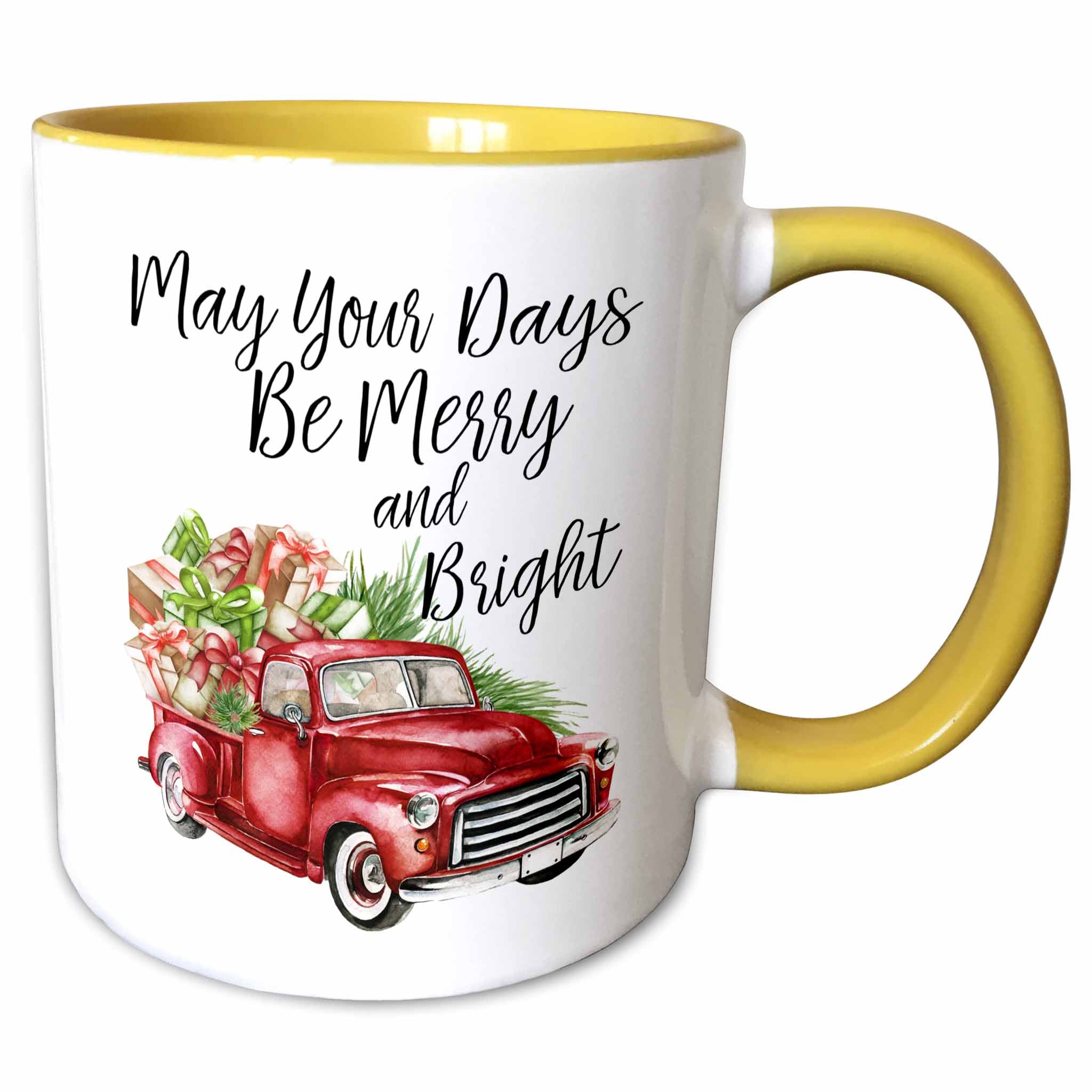 Two-tone Christmas truck mug, yellow interior and handle; reads “May Your Days Be Merry and Bright”.