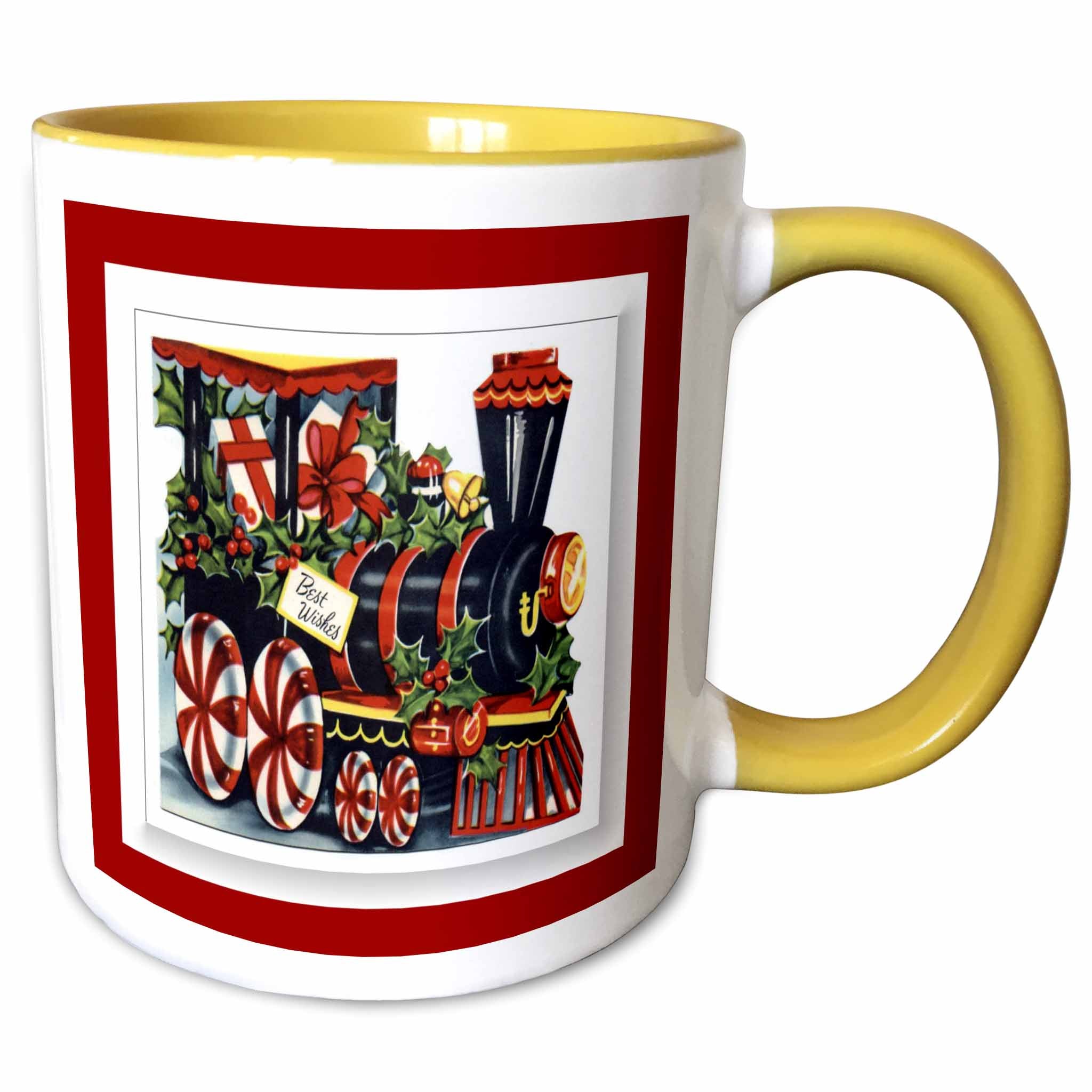 Yellow-trim two-tone mug with Christmas train graphic and red border