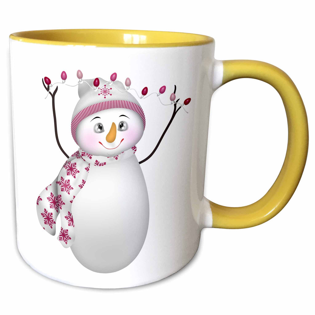 Yellow-and-white ceramic mug with smiling snowman holding pink bulb lights