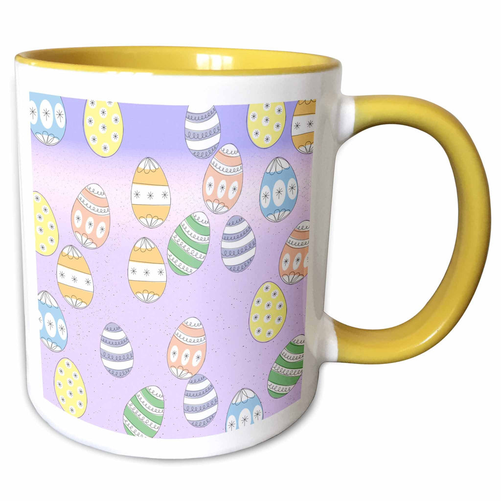 Ceramic mug with Easter egg print and yellow handle, purple egg pattern