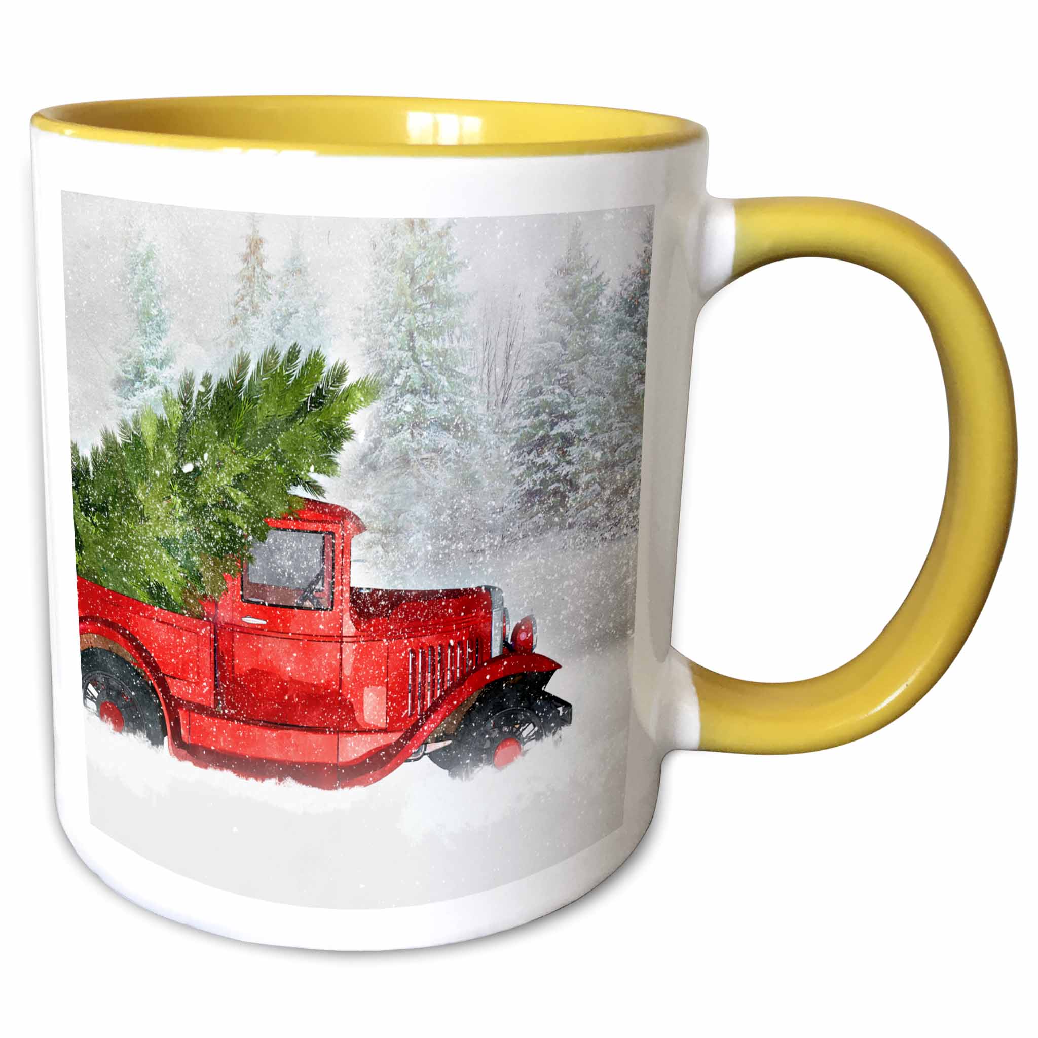 Yellow-rim mug with vintage truck and Christmas tree in snowy forest artwork