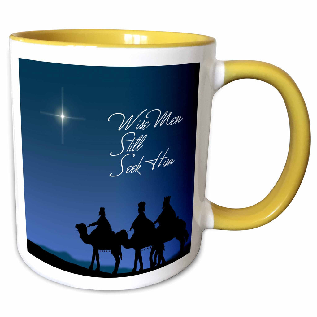 Yellow-and-white two-tone mug with blue nativity scene and “Wise Men Still Seek Him”