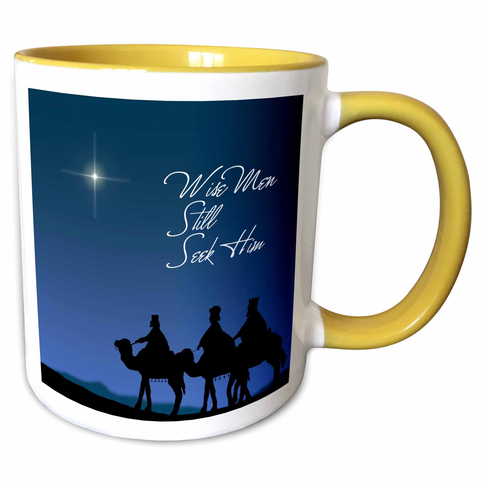 Yellow-and-white two-tone mug with blue nativity scene and “Wise Men Still Seek Him”
