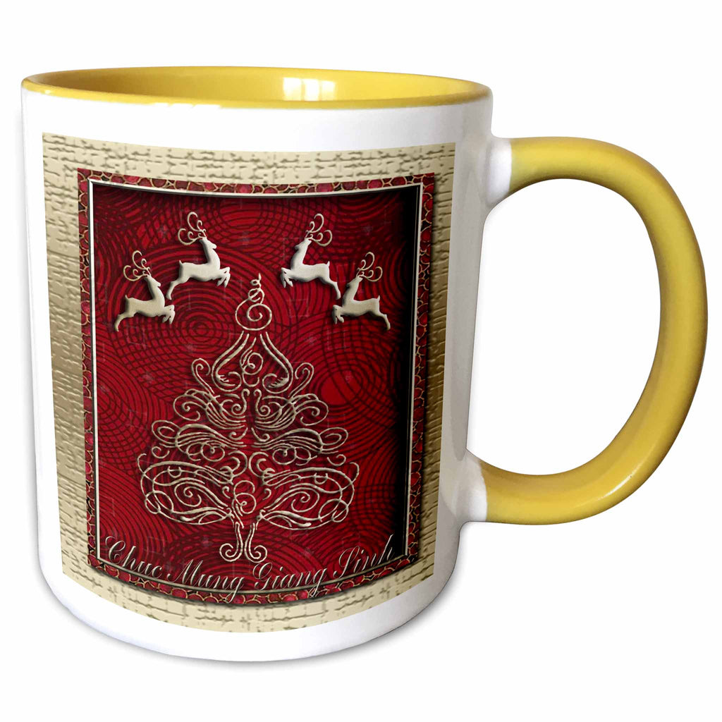 Yellow-and-white ceramic mug with reindeer and Christmas tree graphic on front